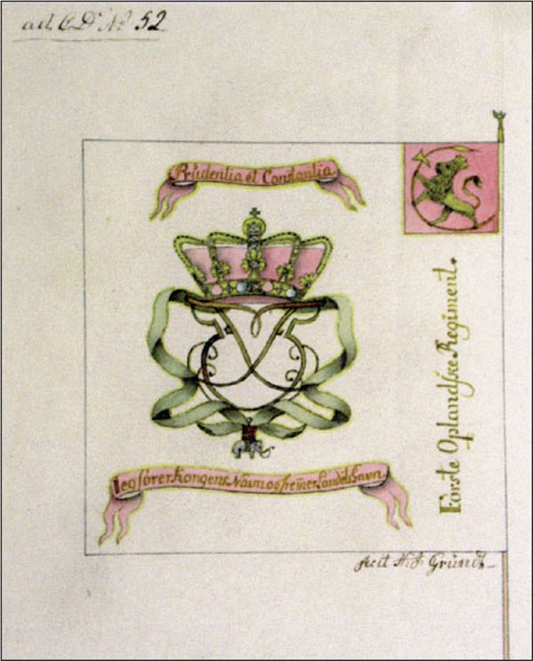 Riksarkivet: AS 4, «Officers Uniform ved Infanteriet approbered 29. mai 1789». Riksarkivet: KG II 125, ca 1740. Fanen til 1. Opplandske regiment.