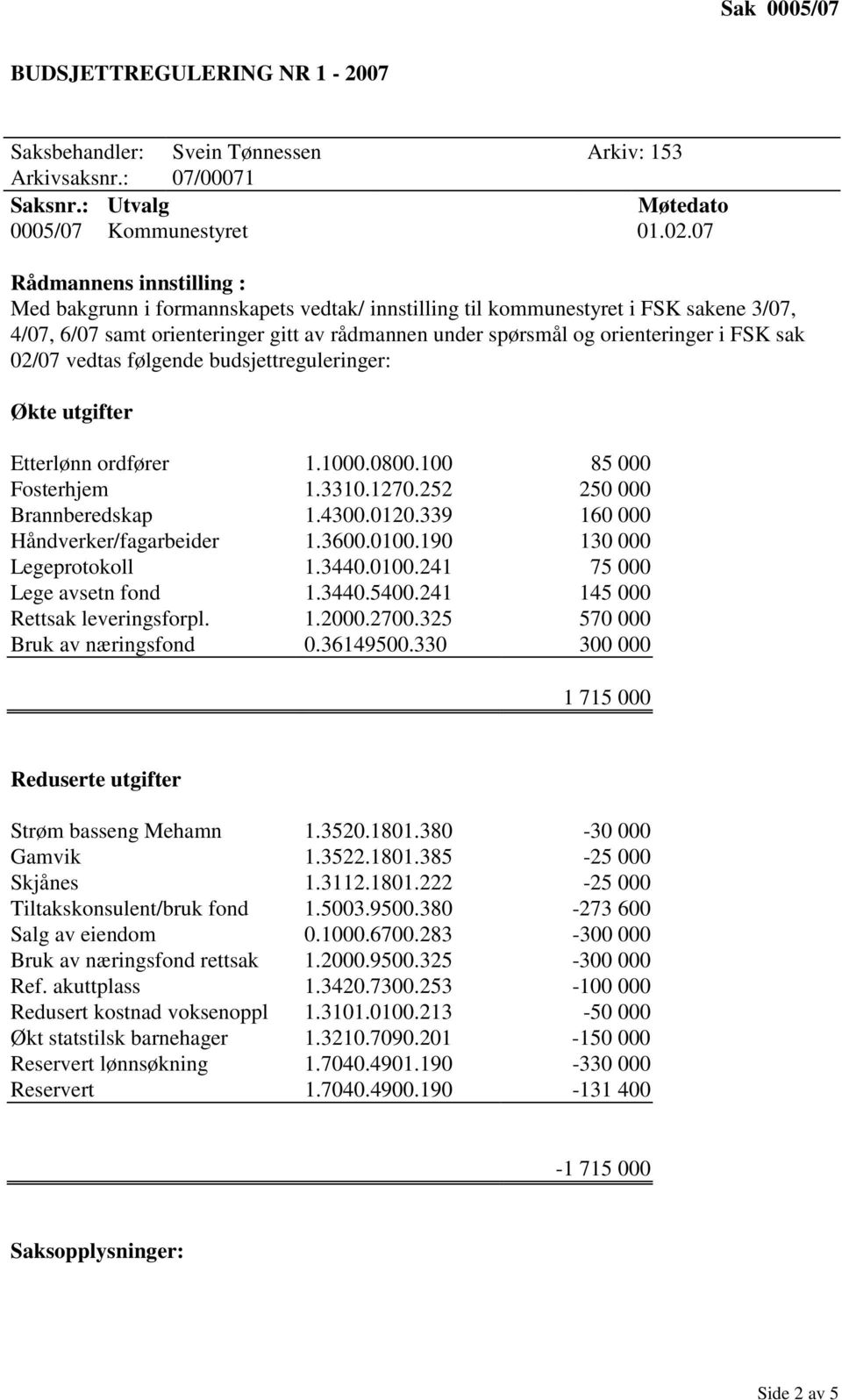 FSK sak 02/07 vedtas følgende budsjettreguleringer: Økte utgifter Etterlønn ordfører 1.1000.0800.100 85 000 Fosterhjem 1.3310.1270.252 250 000 Brannberedskap 1.4300.0120.