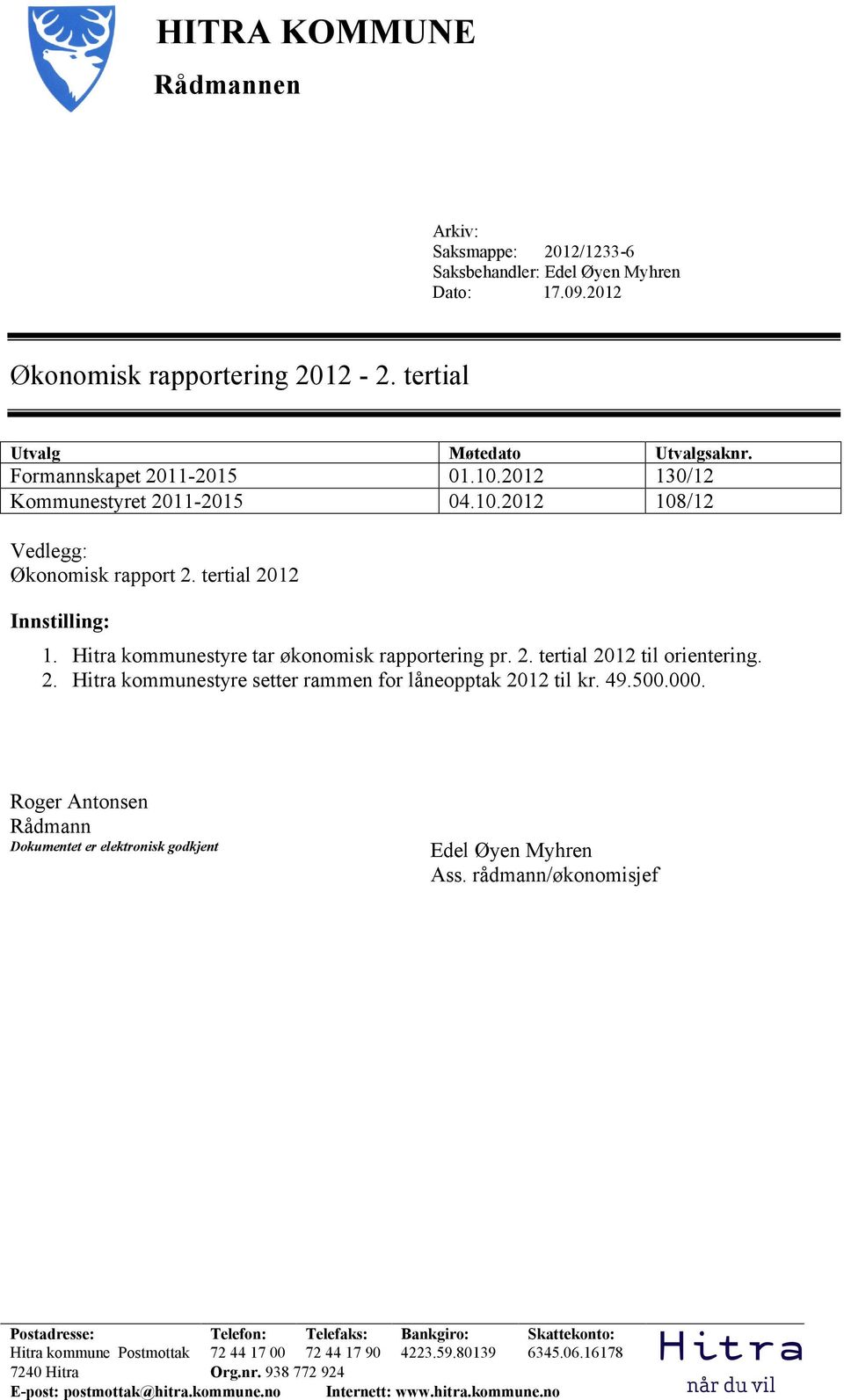 2. Hitra kommunestyre setter rammen for låneopptak 2012 til kr. 49.500.000. Roger Antonsen Rådmann Dokumentet er elektronisk godkjent Edel Øyen Myhren Ass.