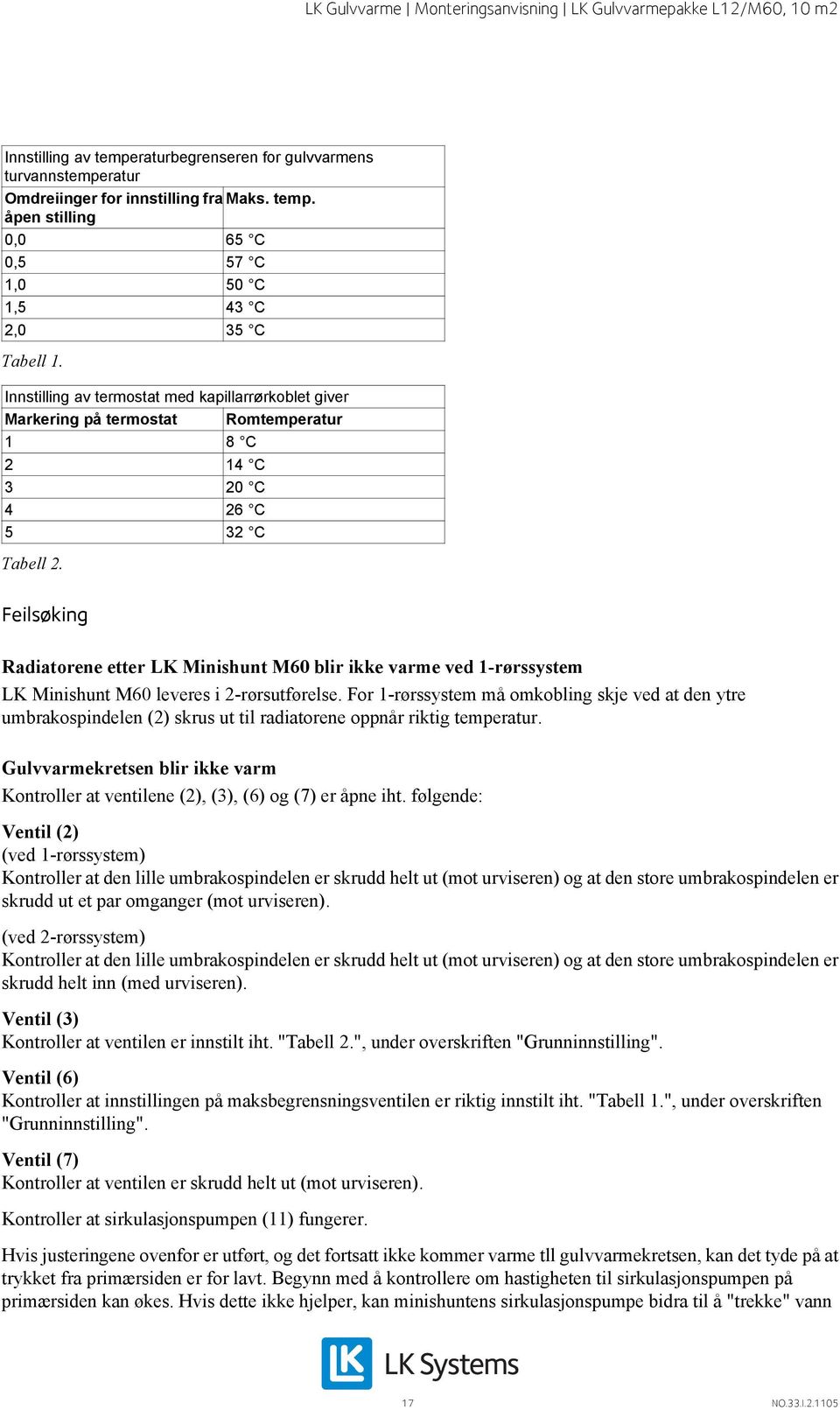 Feilsøking Radiatorene etter LK Minishunt M60 blir ikke varme ved 1-rørssystem LK Minishunt M60 leveres i 2-rørsutførelse.