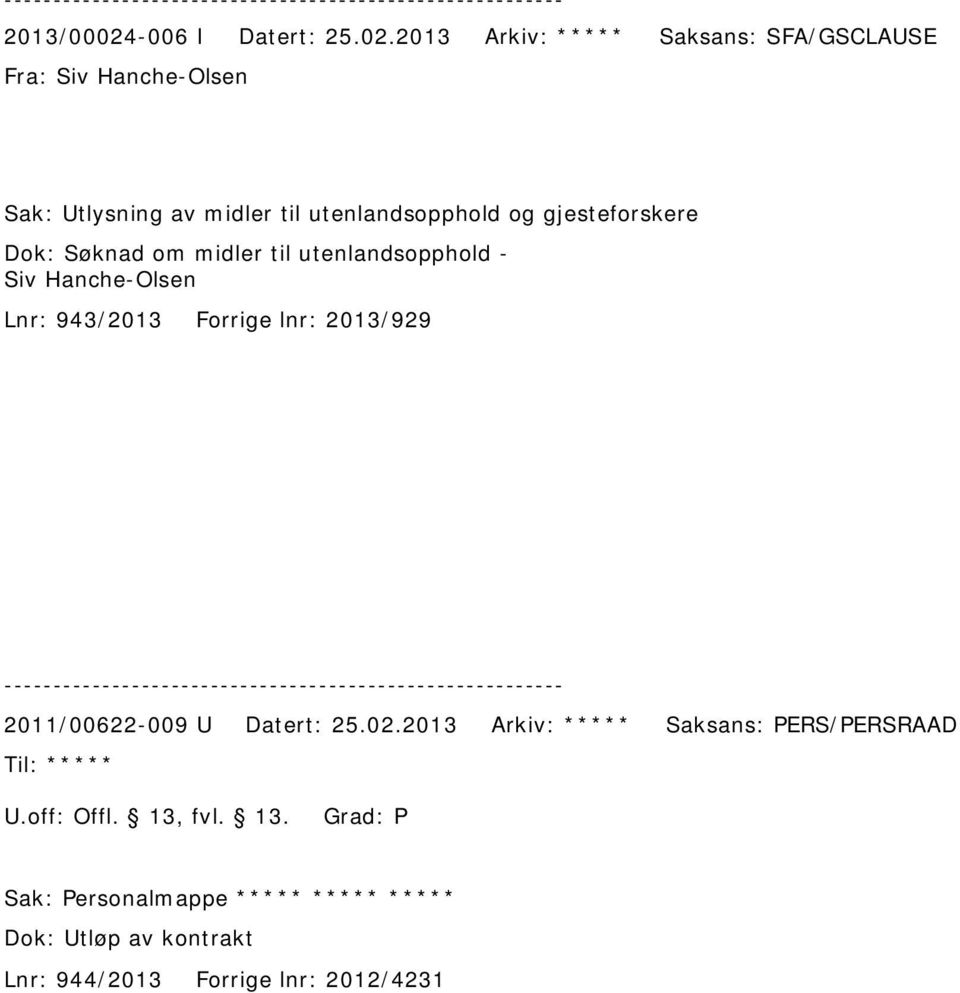 2013 Arkiv: ***** Saksans: SFA/GSCLAUSE Fra: Siv Hanche-Olsen Sak: Utlysning av midler til utenlandsopphold og