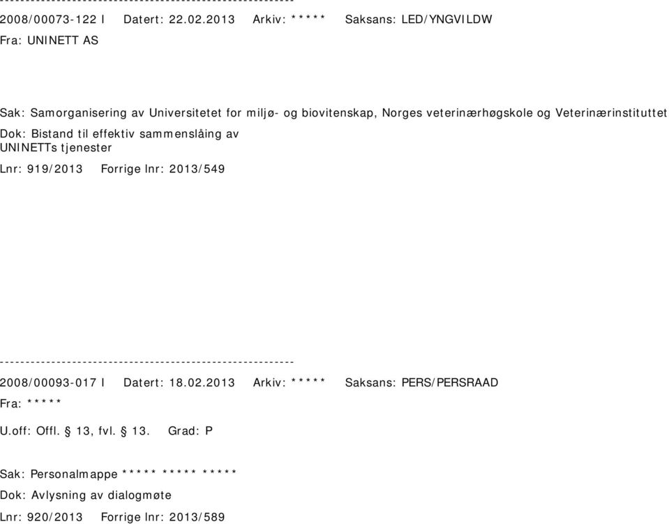 veterinærhøgskole og Veterinærinstituttet Dok: Bistand til effektiv sammenslåing av UNINETTs tjenester Lnr: 919/2013 Forrige lnr: