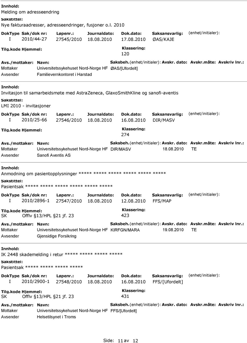 Sanofi Aventis AS Anmodning om pasientopplysninger ***** ***** ***** ***** ***** ***** ***** ***** 2010/2896-1 27547/2010 niversitetssykehuset Nord-Norge HF KRFGN/MARA 19.08.