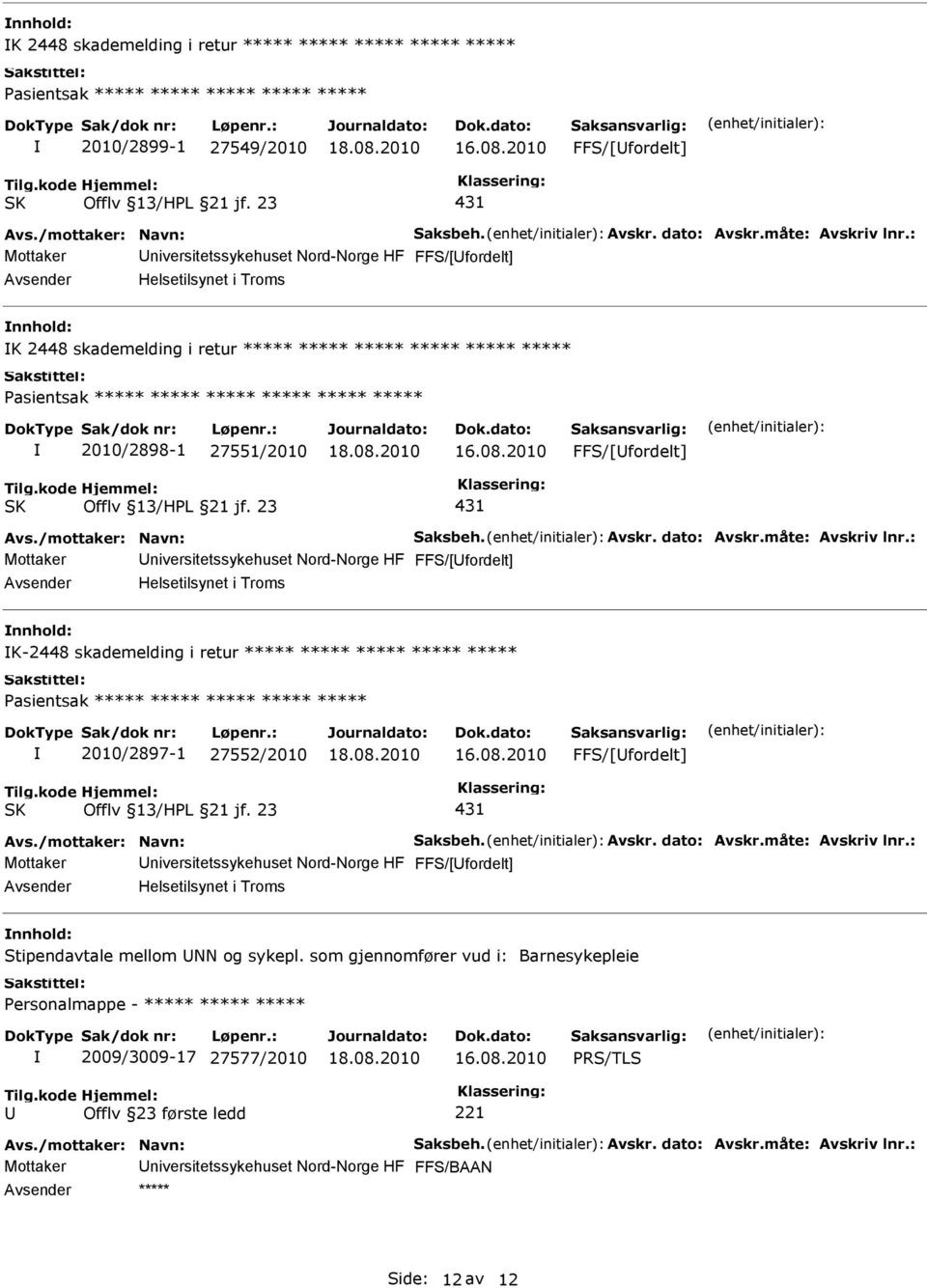 skademelding i retur ***** ***** ***** ***** ***** ***** 2010/2897-1 27552/2010 FFS/[fordelt] 431 niversitetssykehuset Nord-Norge HF FFS/[fordelt] Helsetilsynet i Troms Stipendavtale mellom NN