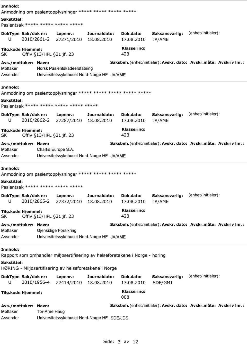 niversitetssykehuset Nord-Norge HF Anmodning om pasientopplysninger ***** ***** ***** ***** 2010/2865-2 27332/2010 Gjensidige Forsikring niversitetssykehuset