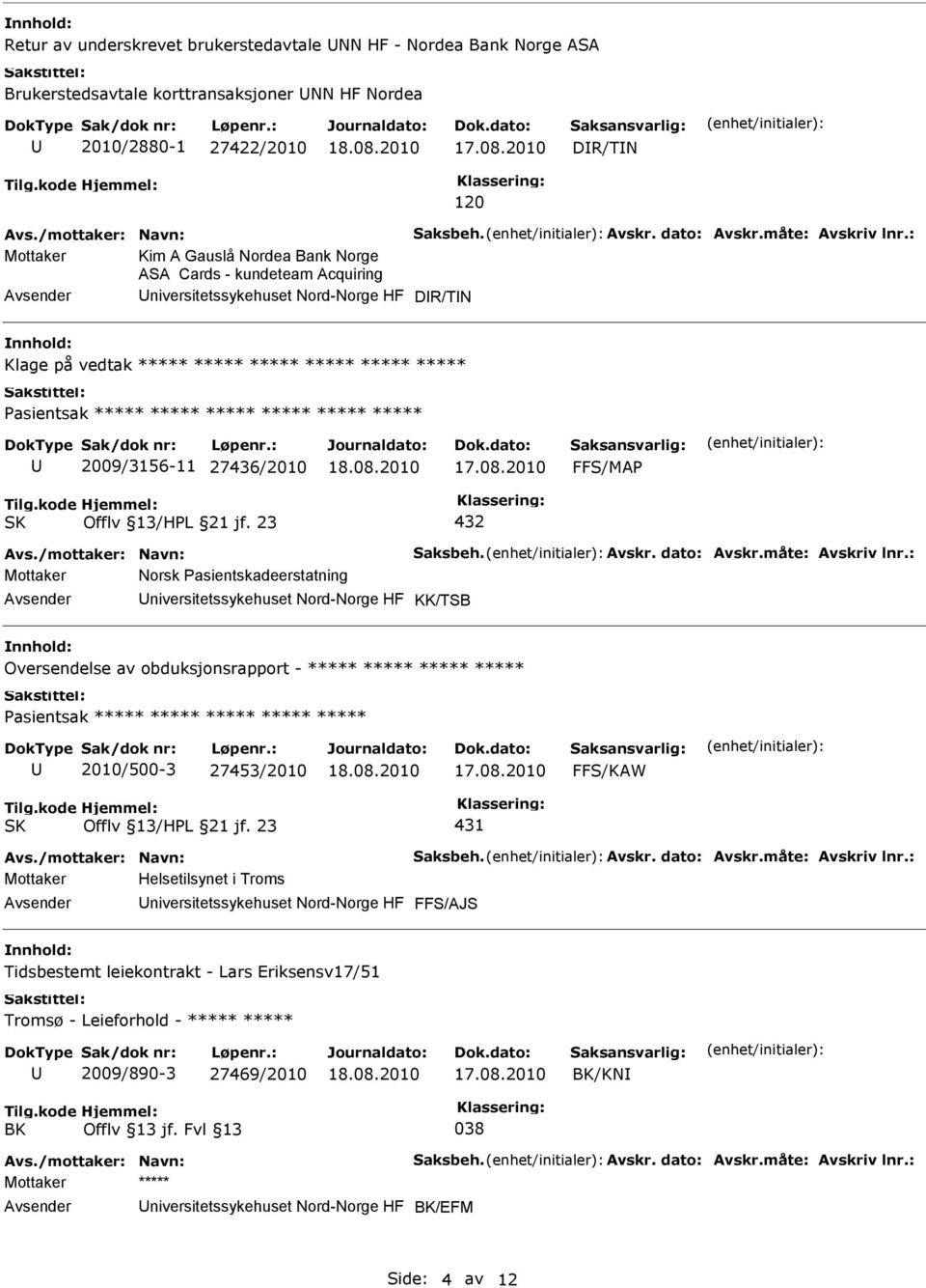 niversitetssykehuset Nord-Norge HF KK/TSB Oversendelse av obduksjonsrapport - ***** ***** ***** ***** ***** 2010/500-3 27453/2010 FFS/KAW 431 Helsetilsynet i Troms niversitetssykehuset Nord-Norge