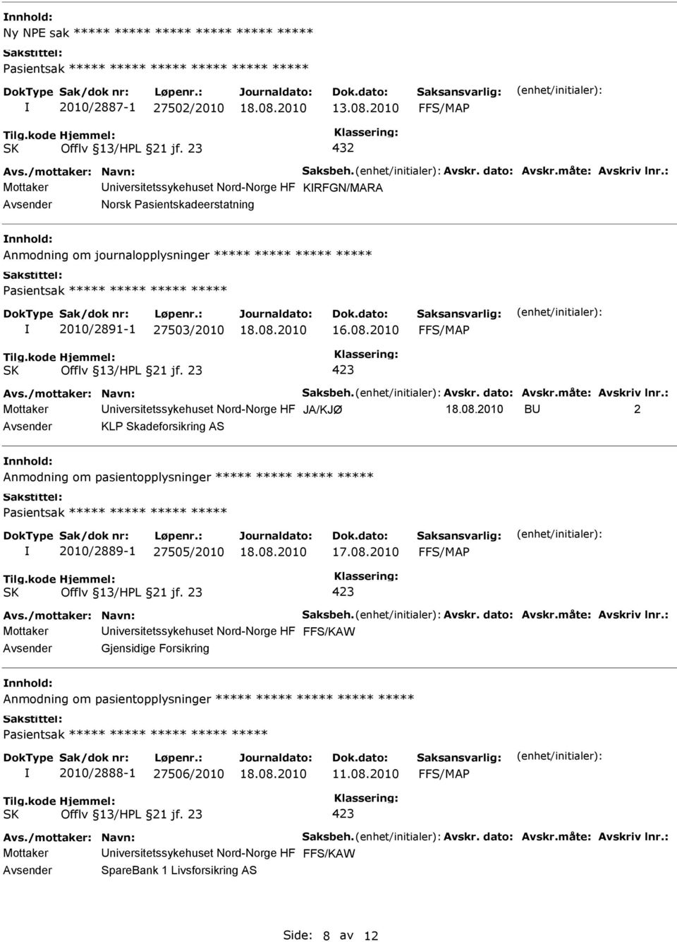 niversitetssykehuset Nord-Norge HF JA/KJØ B 2 KLP Skadeforsikring AS Anmodning om pasientopplysninger ***** ***** ***** ***** 2010/2889-1 27505/2010