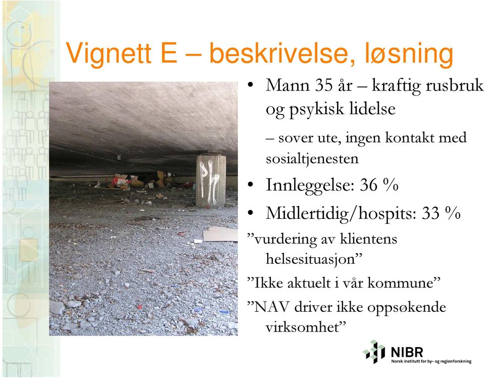 Innleggelse: 36 % Midlertidig/hospits: 33 % vurdering av klientens