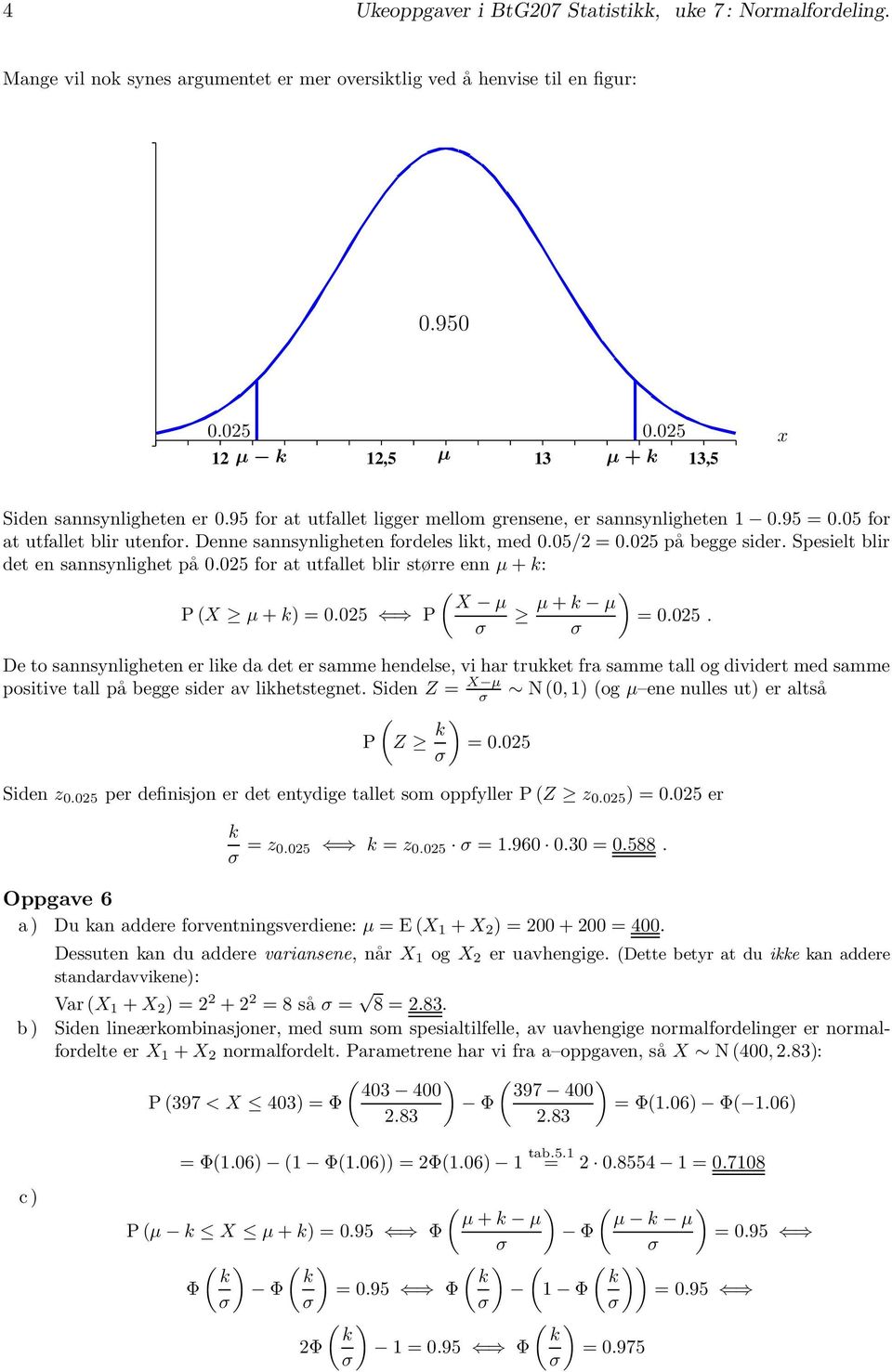 Spesielt blir det en sannsynlighet på 0.025 for at utfallet blir større enn μ + : ( X μ P(X μ + ) =0.025 P μ + μ ) =0.025. De to sannsynligheten er lie da det er samme hendelse, vi har truet fra samme tall og dividert med samme positive tall på begge sider av lihetstegnet.