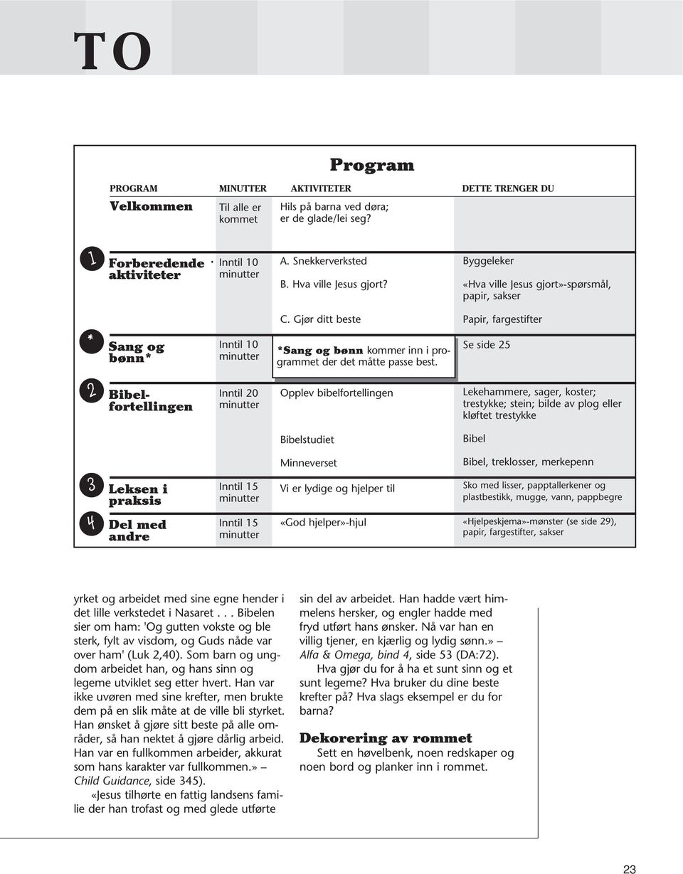 Gjør ditt beste Papir, fargestifter * Sang og bønn* Inntil 10 *Sang og bønn kommer inn i programmet der det måtte passe best. Se side 25 2 Bibelfortellingen Bibelfortell.