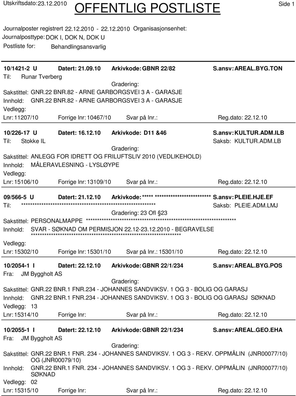 ansv: KULTUR.ADM.ILB Til: Stokke IL Saksb: KULTUR.ADM.LB Sakstittel: ANLEGG FOR IDRETT OG FRILUFTSLIV 2010 (VEDLIKEHOLD) Innhold: MÅLERAVLESNING - LYSLØYPE Lnr: 15106/10 Forrige lnr: 13109/10 Svar på lnr.