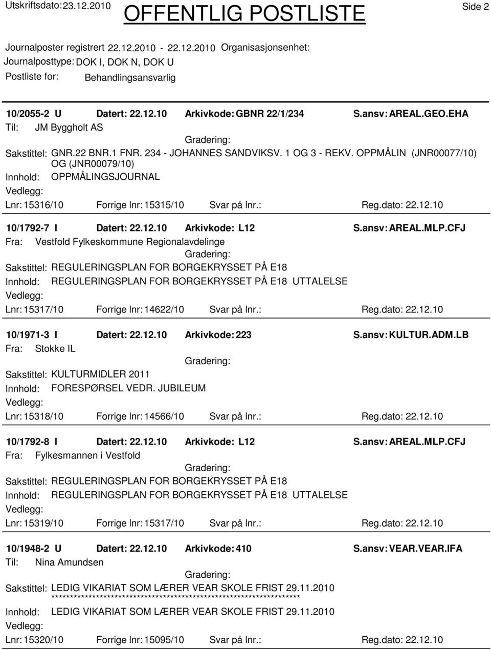 CFJ Fra: Vestfold Fylkeskommune Regionalavdelinge Sakstittel: REGULERINGSPLAN FOR BORGEKRYSSET PÅ E18 Innhold: REGULERINGSPLAN FOR BORGEKRYSSET PÅ E18 UTTALELSE Lnr: 15317/10 Forrige lnr: 14622/10