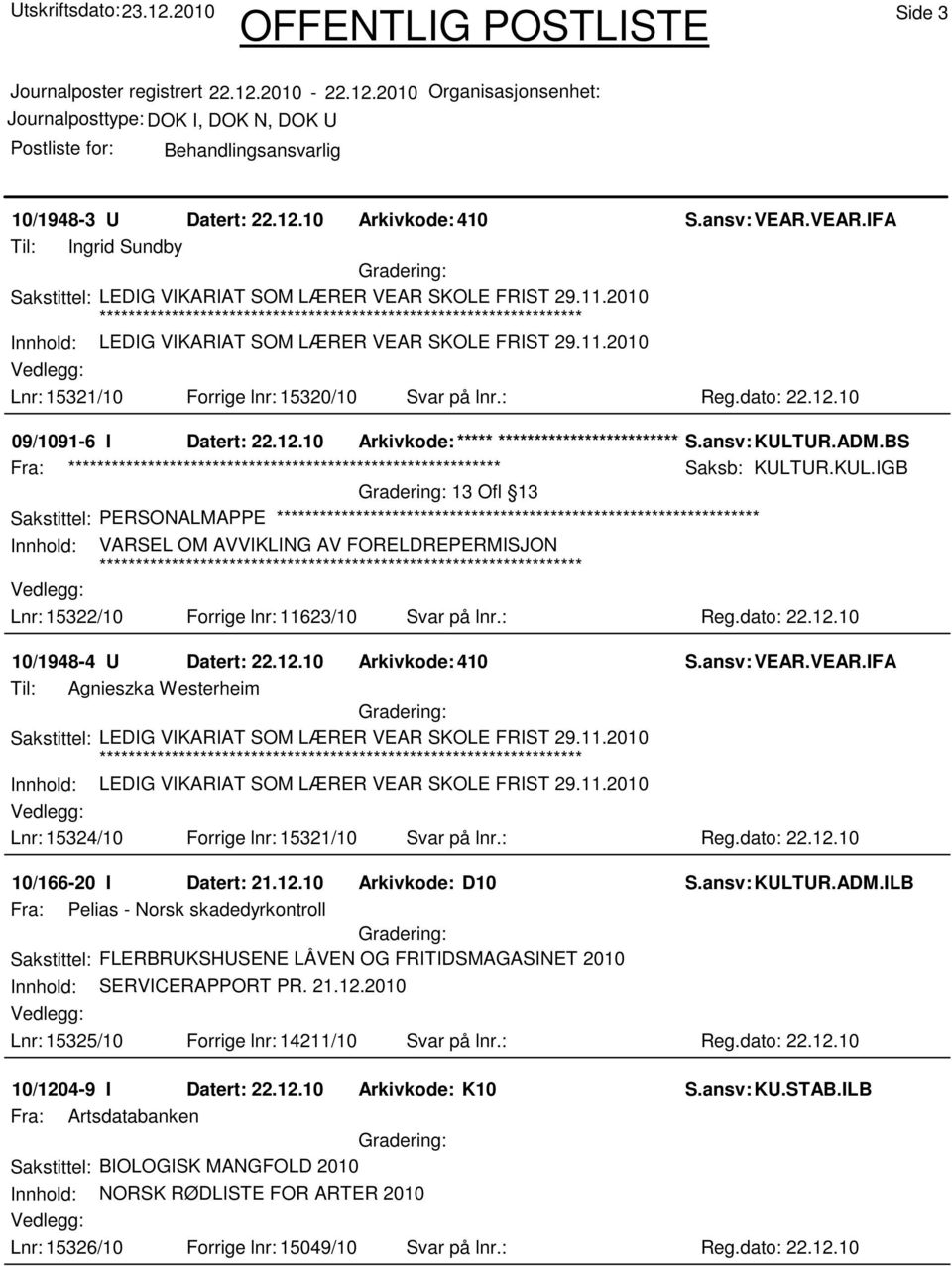 ansv: KULTUR.ADM.BS Fra: ************************************************************ Saksb: KULTUR.KUL.IGB 13 Ofl 13 Sakstittel: PERSONALMAPPE Innhold: VARSEL OM AVVIKLING AV FORELDREPERMISJON Lnr: 15322/10 Forrige lnr: 11623/10 Svar på lnr.