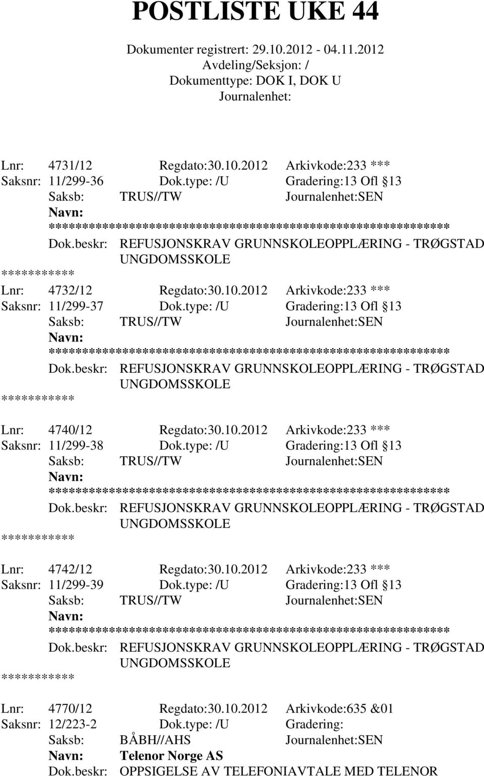 beskr: REFUSJONSKRAV GRUNNSKOLEOPPLÆRING - TRØGSTAD UNGDOMSSKOLE Lnr: 4740/12 Regdato:30.10.2012 Arkivkode:233 *** Saksnr: 11/299-38 Dok.type: /U Gradering:13 Ofl 13 Saksb: TRUS//TW SEN Dok.