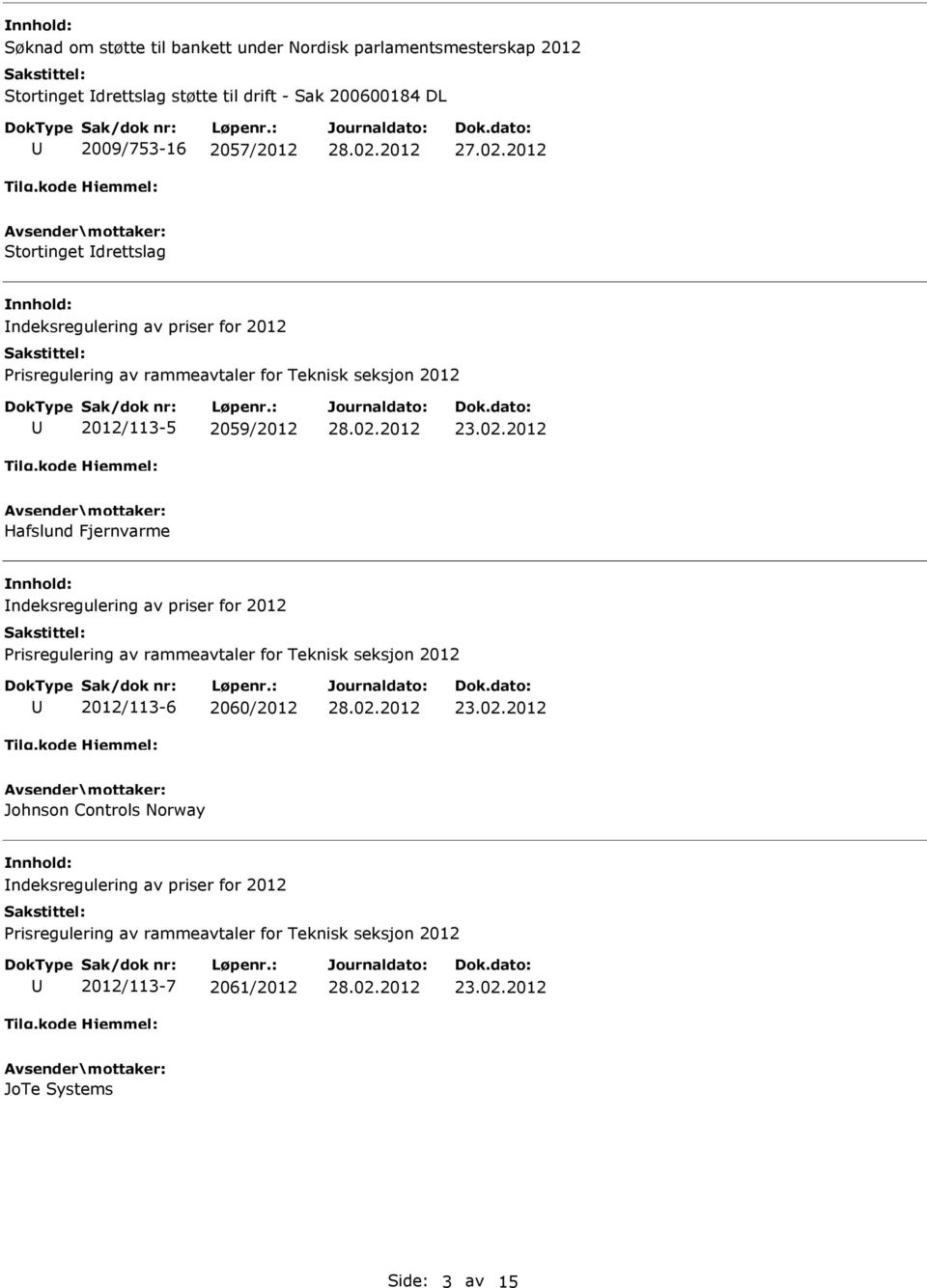 2012 2012/113-5 2059/2012 Hafslund Fjernvarme ndeksregulering av priser for 2012 2012/113-6 2060/2012