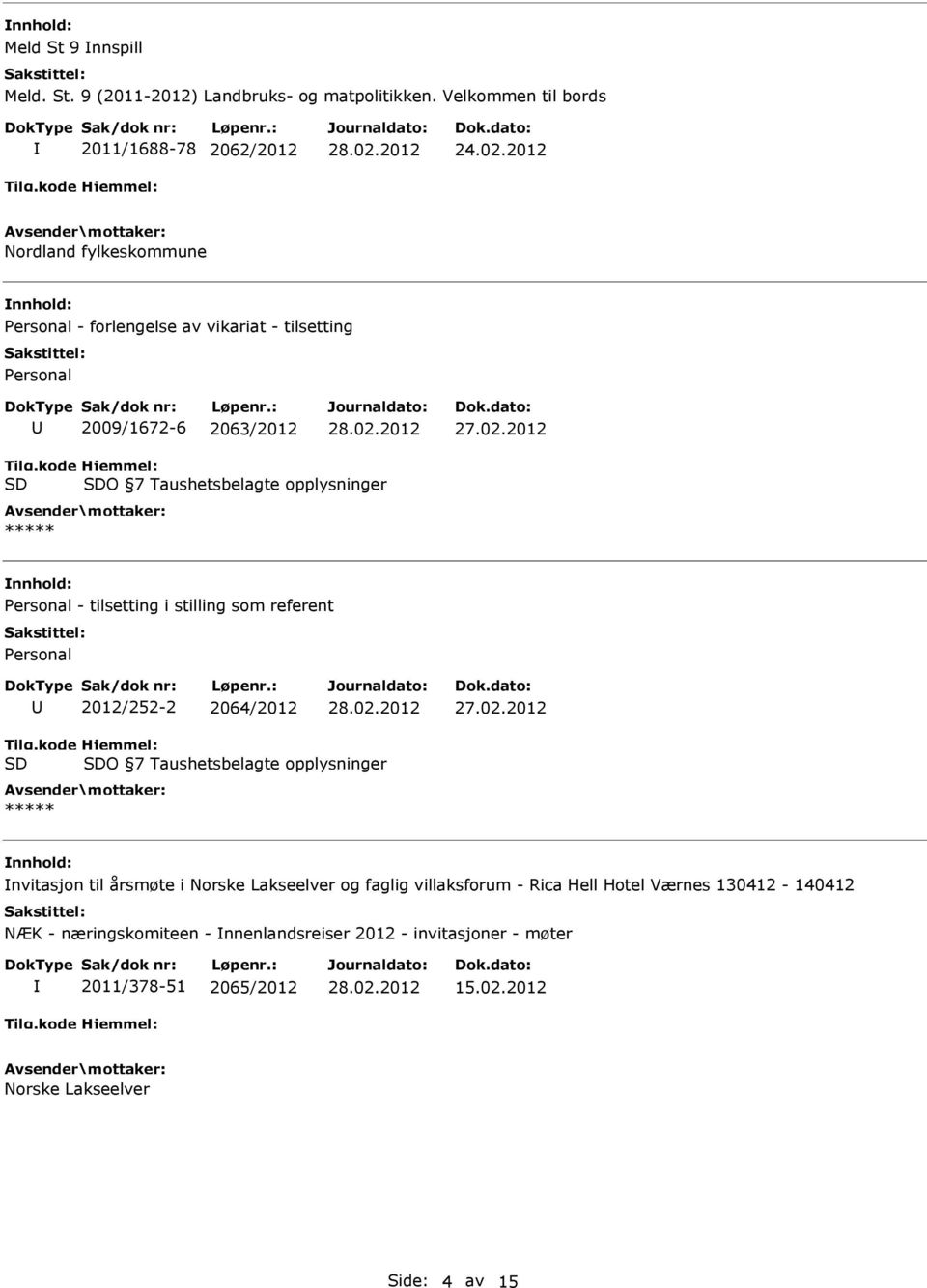 - tilsetting i stilling som referent Personal 2012/252-2 2064/2012 O 7 Taushetsbelagte opplysninger ***** nvitasjon til årsmøte i Norske Lakseelver og