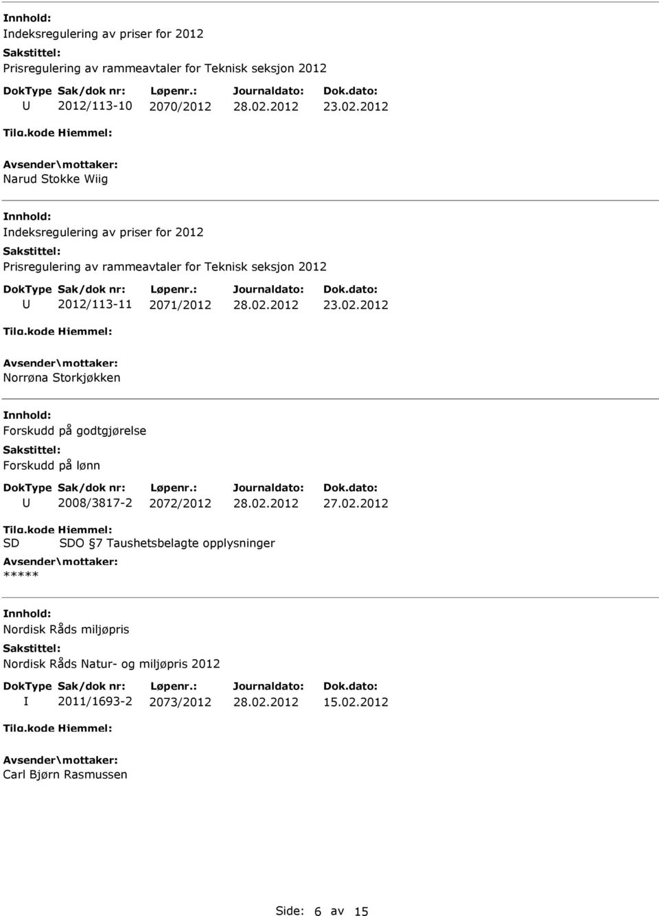 lønn 2008/3817-2 2072/2012 O 7 Taushetsbelagte opplysninger ***** Nordisk Råds miljøpris