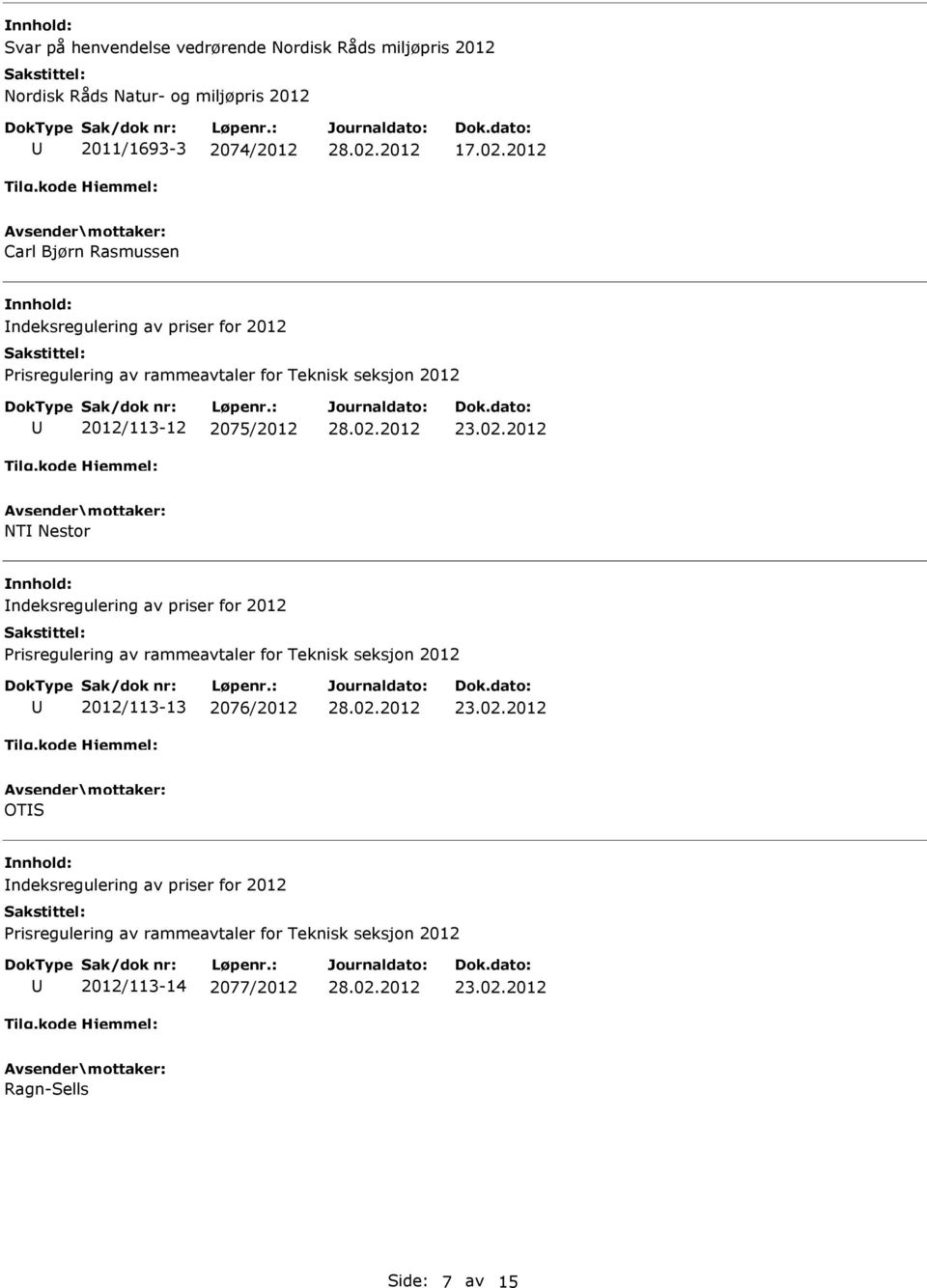 2012 Carl Bjørn Rasmussen ndeksregulering av priser for 2012 2012/113-12 2075/2012 NT