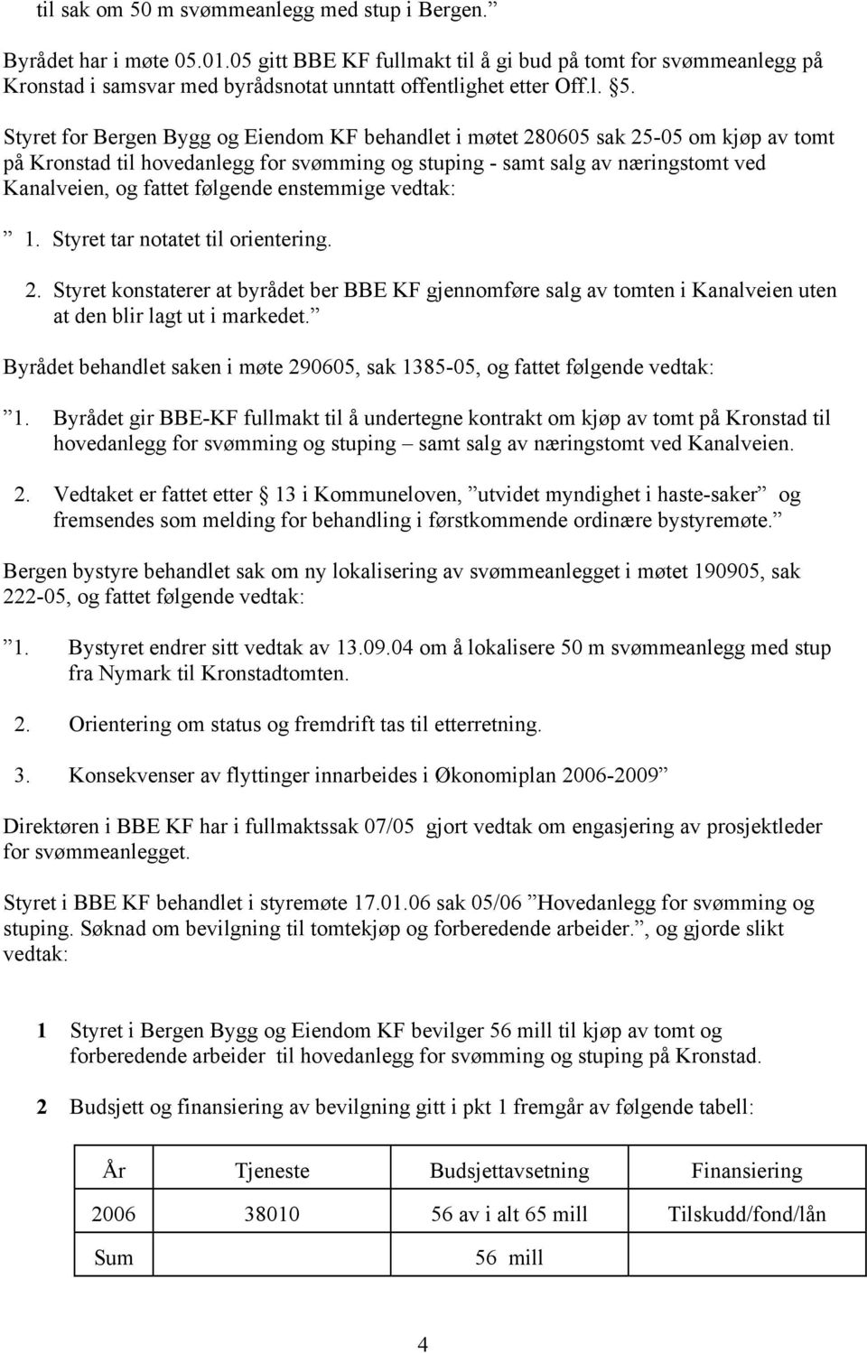 Styret for Bergen Bygg og Eiendom KF behandlet i møtet 280605 sak 25-05 om kjøp av tomt på Kronstad til hovedanlegg for svømming og stuping - samt salg av næringstomt ved Kanalveien, og fattet