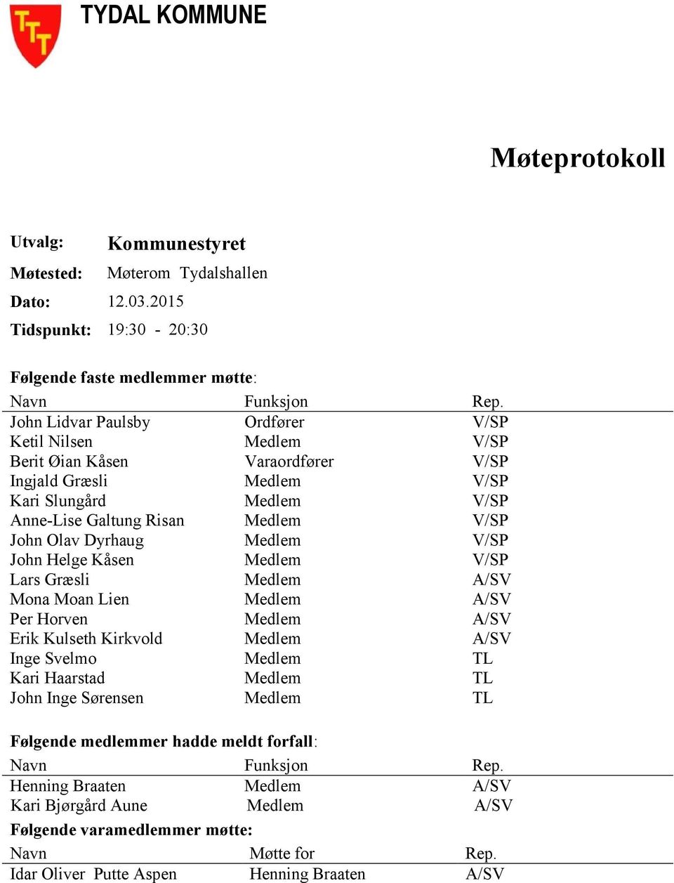 Dyrhaug Medlem V/SP John Helge Kåsen Medlem V/SP Lars Græsli Medlem A/SV Mona Moan Lien Medlem A/SV Per Horven Medlem A/SV Erik Kulseth Kirkvold Medlem A/SV Inge Svelmo Medlem TL Kari Haarstad Medlem