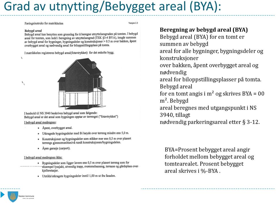 Bebygd areal for en tomt angis i m² og skrives BYA = 00 m².