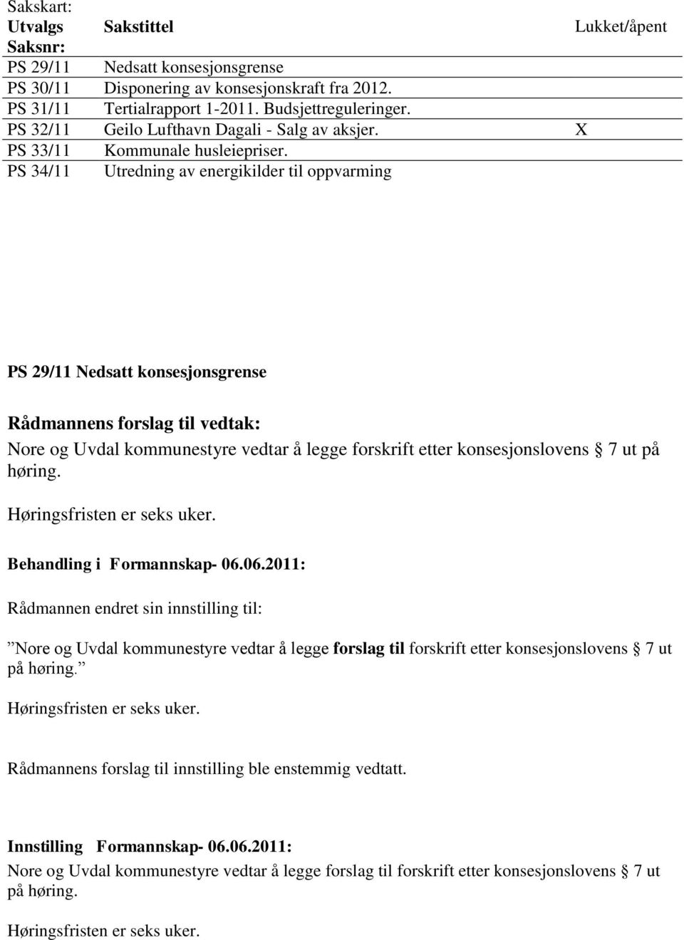 PS 34/11 Utredning av energikilder til oppvarming PS 29/11 Nedsatt konsesjonsgrense Rådmannens forslag til vedtak: Nore og Uvdal kommunestyre vedtar å legge forskrift etter konsesjonslovens 7 ut på