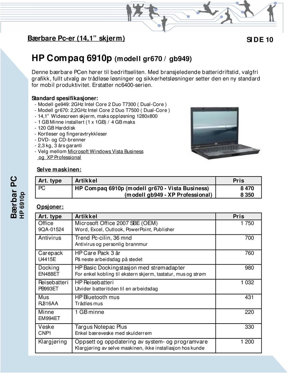Standard spesifikasjoner: - Modell ge949: 2GHz Intel Core 2 Duo T7300 ( Dual-Core ) - Modell gr670: 2,2GHz Intel Core 2 Duo T7500 ( Dual-Core ) - 14,1 Widescreen skjerm, maks oppløsning 1280x800-1 GB