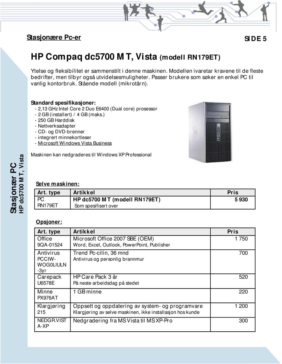 Standard spesifikasjoner: - 2,13 GHz Intel Core 2 Duo E6400 (Dual core) prosessor - 2 GB (installert) / 4 GB (maks.