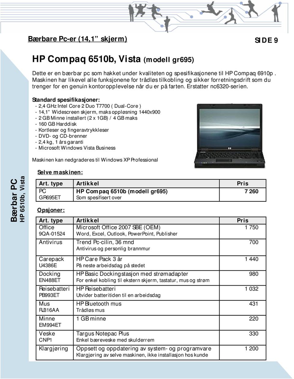Standard spesifikasjoner: - 2,4 GHz Intel Core 2 Duo T7700 ( Dual-Core ) - 14,1 Widescreen skjerm, maks oppløsning 1440x900-2 GB Minne installert (2 x 1GB) / 4 GB maks - 160 GB Harddisk - Kortleser