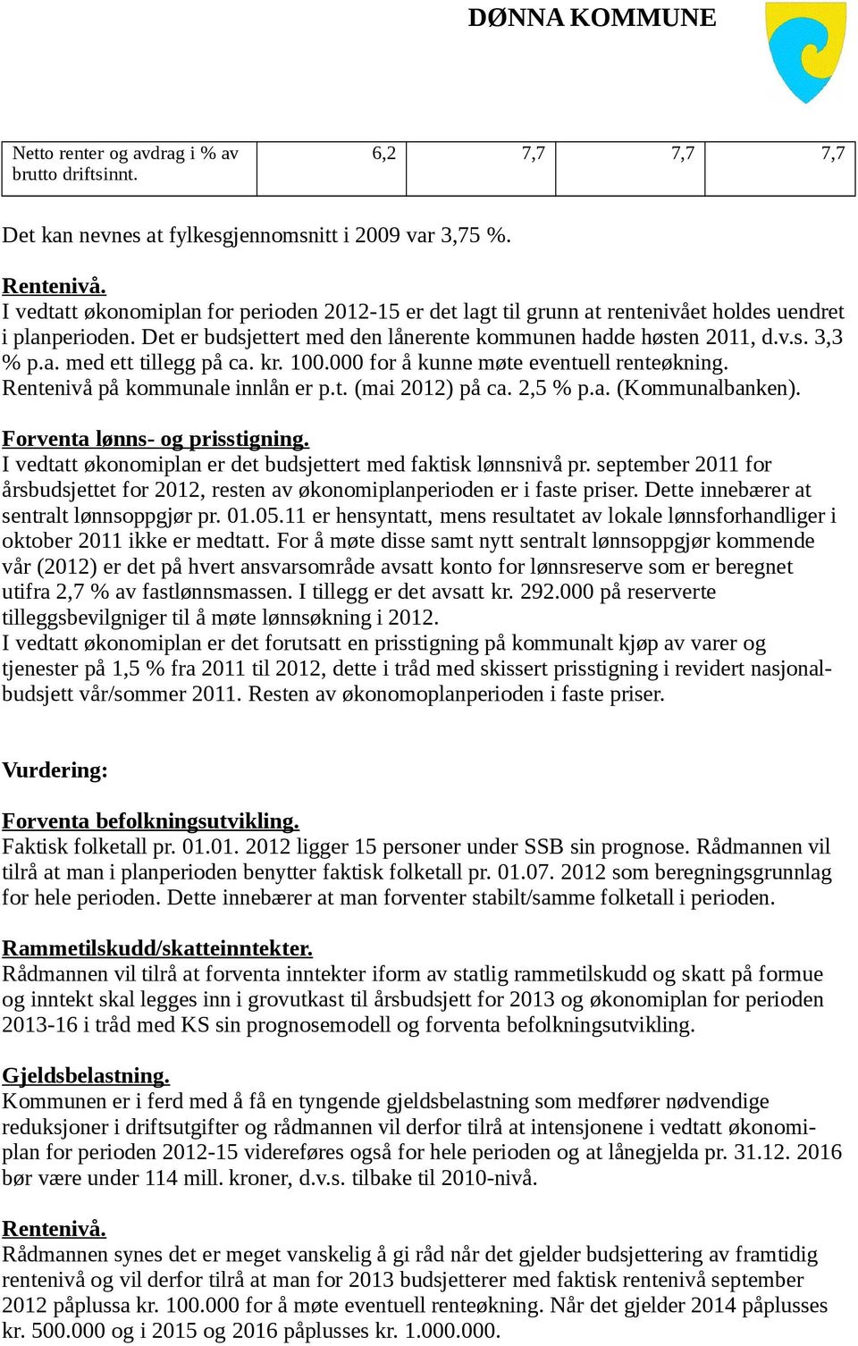 kr. 100.000 for å kunne møte eventuell renteøkning. Rentenivå på kommunale innlån er p.t. (mai 2012) på ca. 2,5 % p.a. (Kommunalbanken). Forventa lønns- og prisstigning.