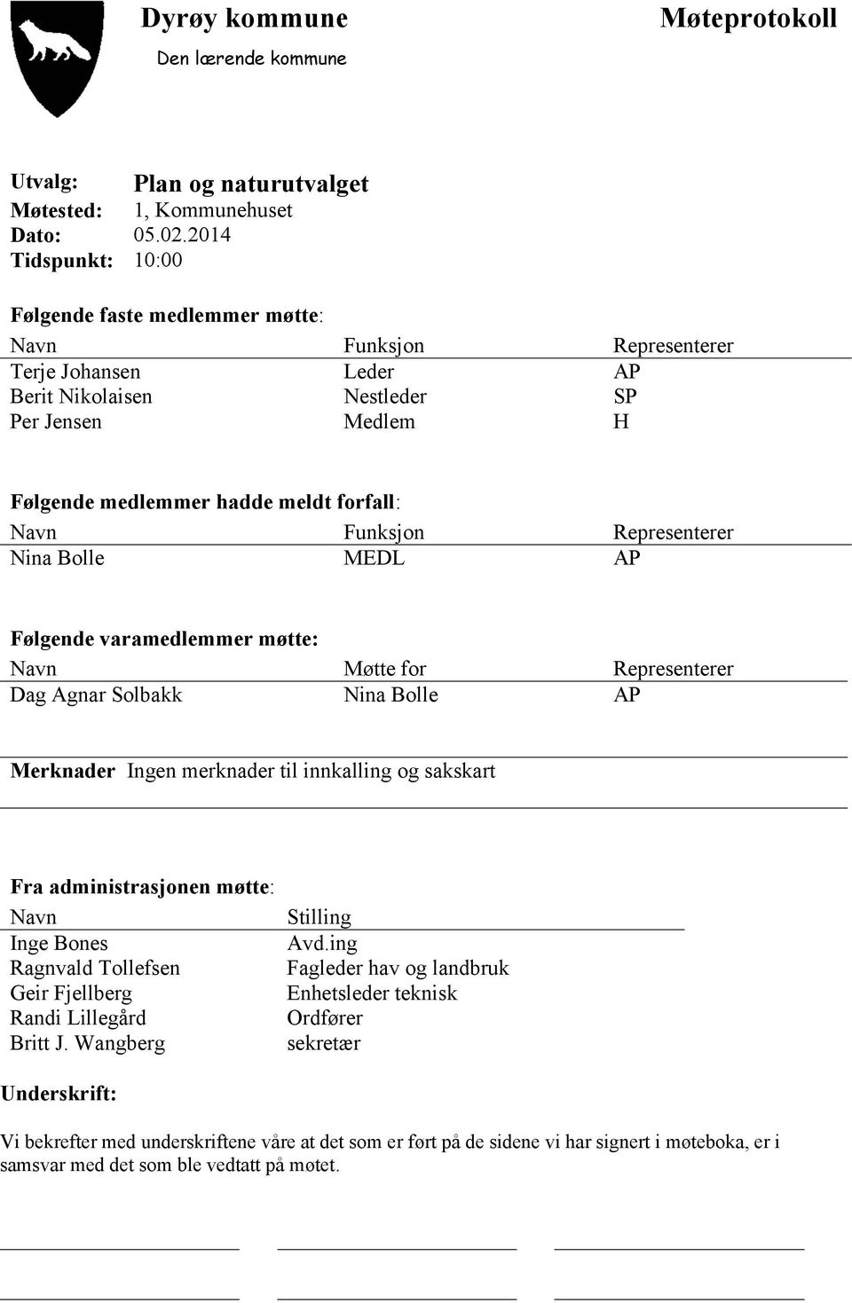 Navn Funksjon Representerer Nina Bolle MEDL AP Følgende varamedlemmer møtte: Navn Møtte for Representerer Dag Agnar Solbakk Nina Bolle AP Merknader Ingen merknader til innkalling og sakskart Fra