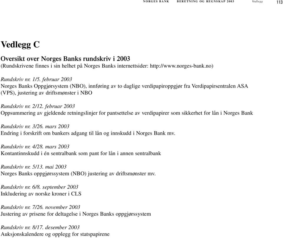 februar 2003 Oppsummering av gjeldende retningslinjer for pantsettelse av verdipapirer som sikkerhet for lån i Norges Bank Rundskriv nr. 3/26.