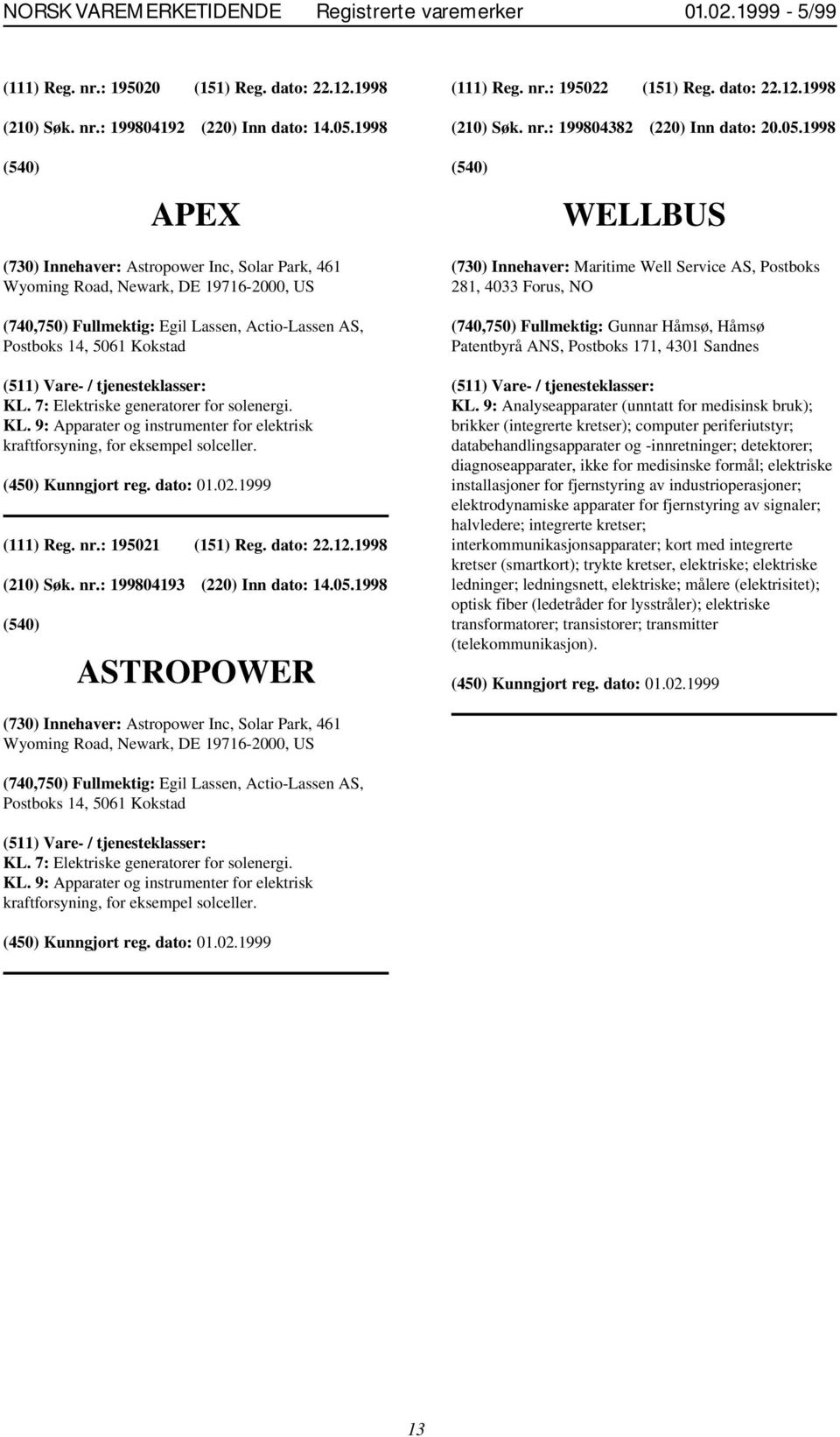 1998 APEX WELLBUS (730) Innehaver: Astropower Inc, Solar Park, 461 Wyoming Road, Newark, DE 19716-2000, US (740,750) Fullmektig: Egil Lassen, Actio-Lassen AS, Postboks 14, 5061 Kokstad KL.
