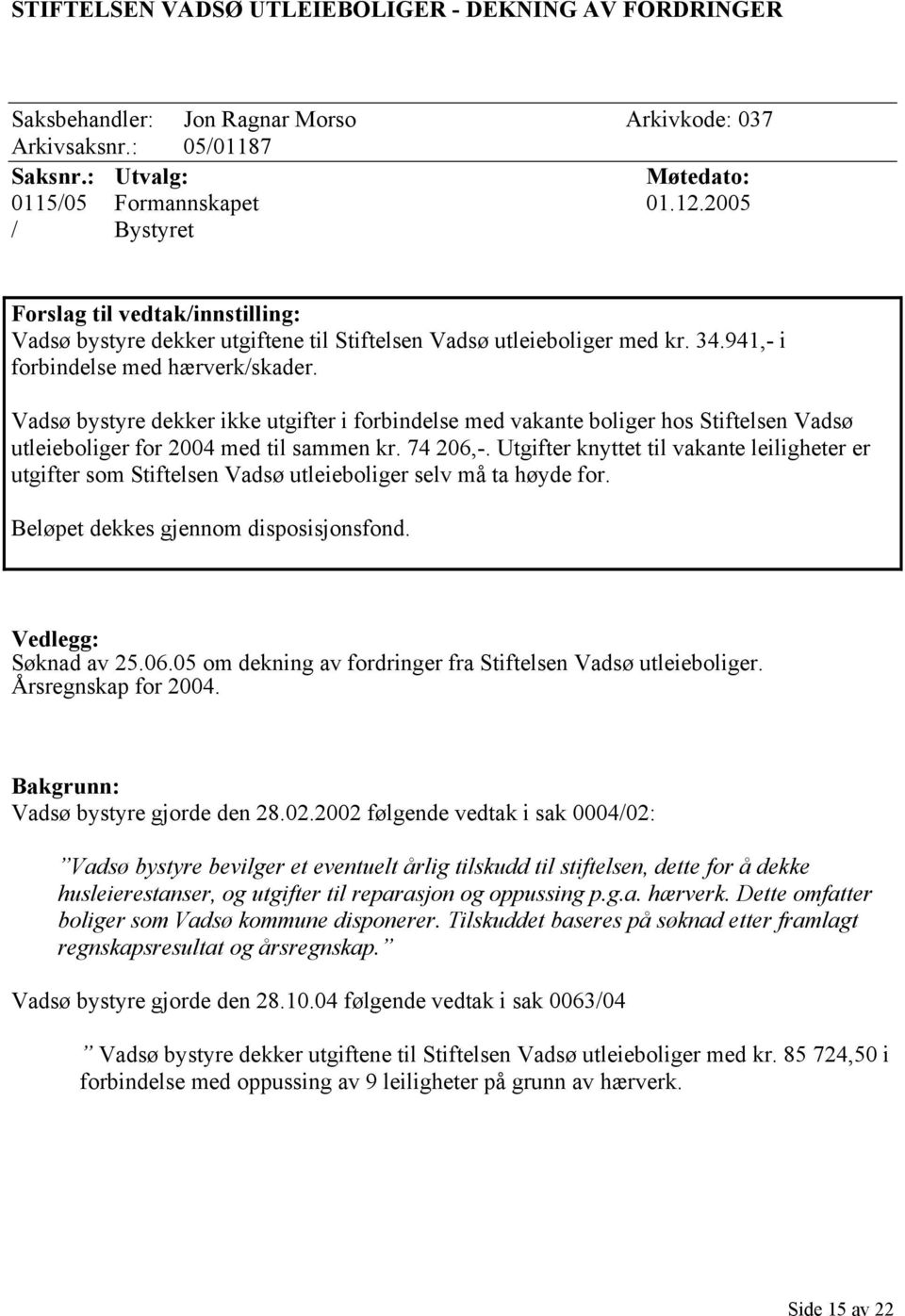 Vadsø bystyre dekker ikke utgifter i forbindelse med vakante boliger hos Stiftelsen Vadsø utleieboliger for 2004 med til sammen kr. 74 206,-.