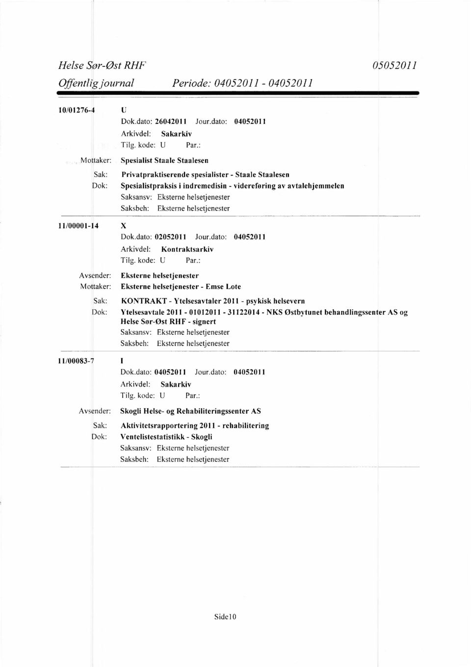 avtalehjemmelen 11/00001-14 X Dok.dato: 02052011 Jour.dato: 04052011 Arkivdel: Kontraktsarkiv Tilg. kode: U Par.