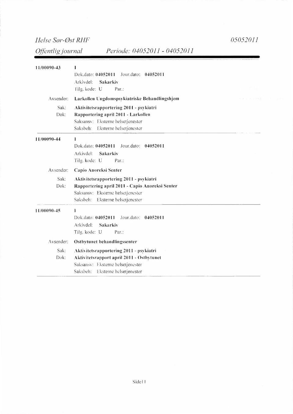 Aktivitetsrapportering 2011 - psykiatri Dok: Rapportering april 2011 - Capio Anoreksi Senter 11/00090-45