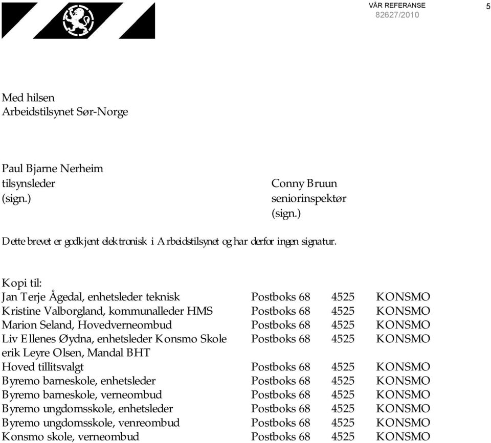 Kopi til: Jan Terje Ågedal, enhetsleder teknisk Postboks 68 4525 KONSMO Kristine Valborgland, kommunalleder HMS Postboks 68 4525 KONSMO Marion Seland, Hovedverneombud Postboks 68 4525 KONSMO Liv