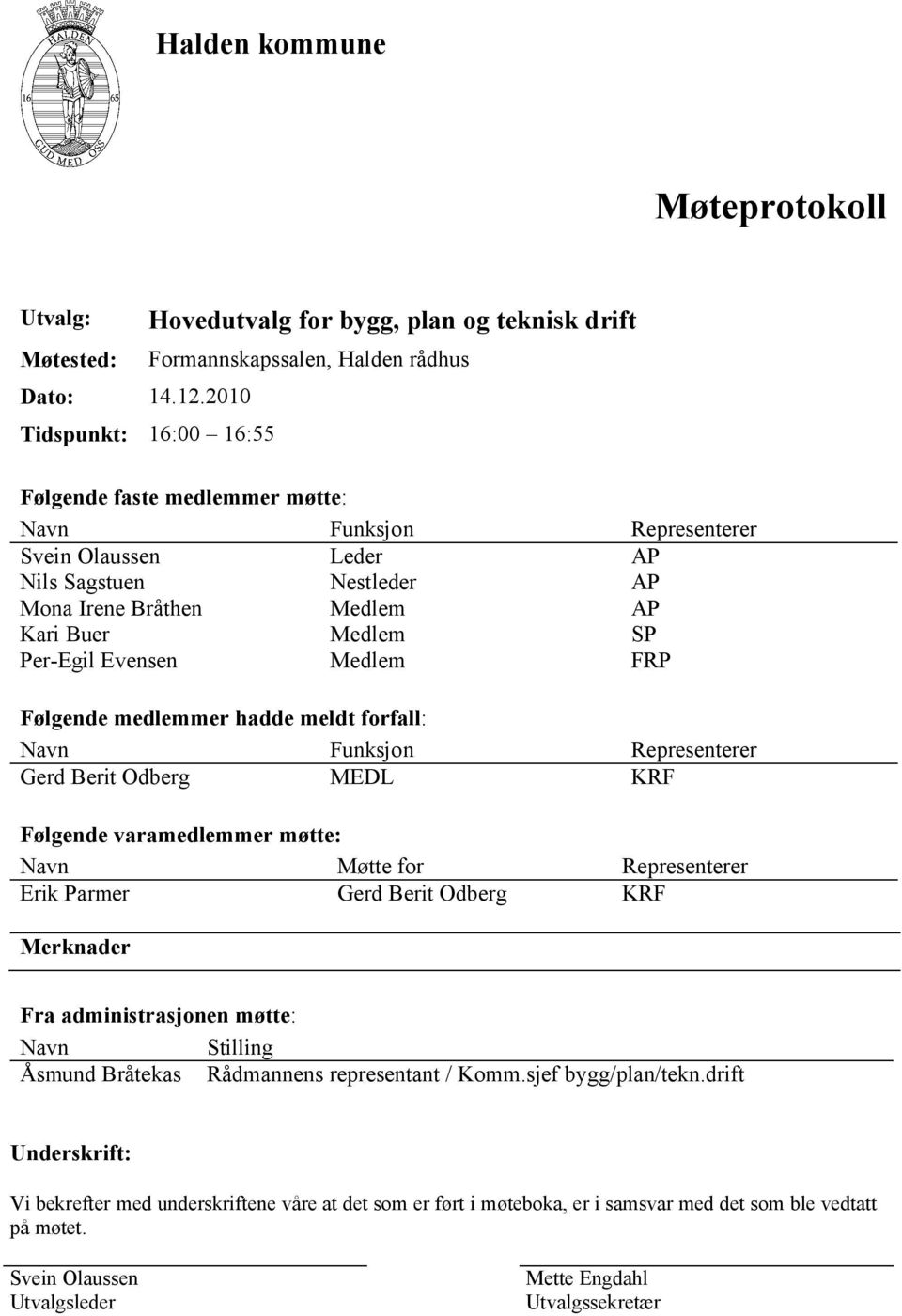 Sagstuen Nestleder AP Mona Irene Bråthen Medlem AP Kari Buer Medlem SP Per-Egil Evensen Medlem FRP Følgende medlemmer hadde meldt forfall: Navn Funksjon Representerer Gerd Berit Odberg MEDL KRF