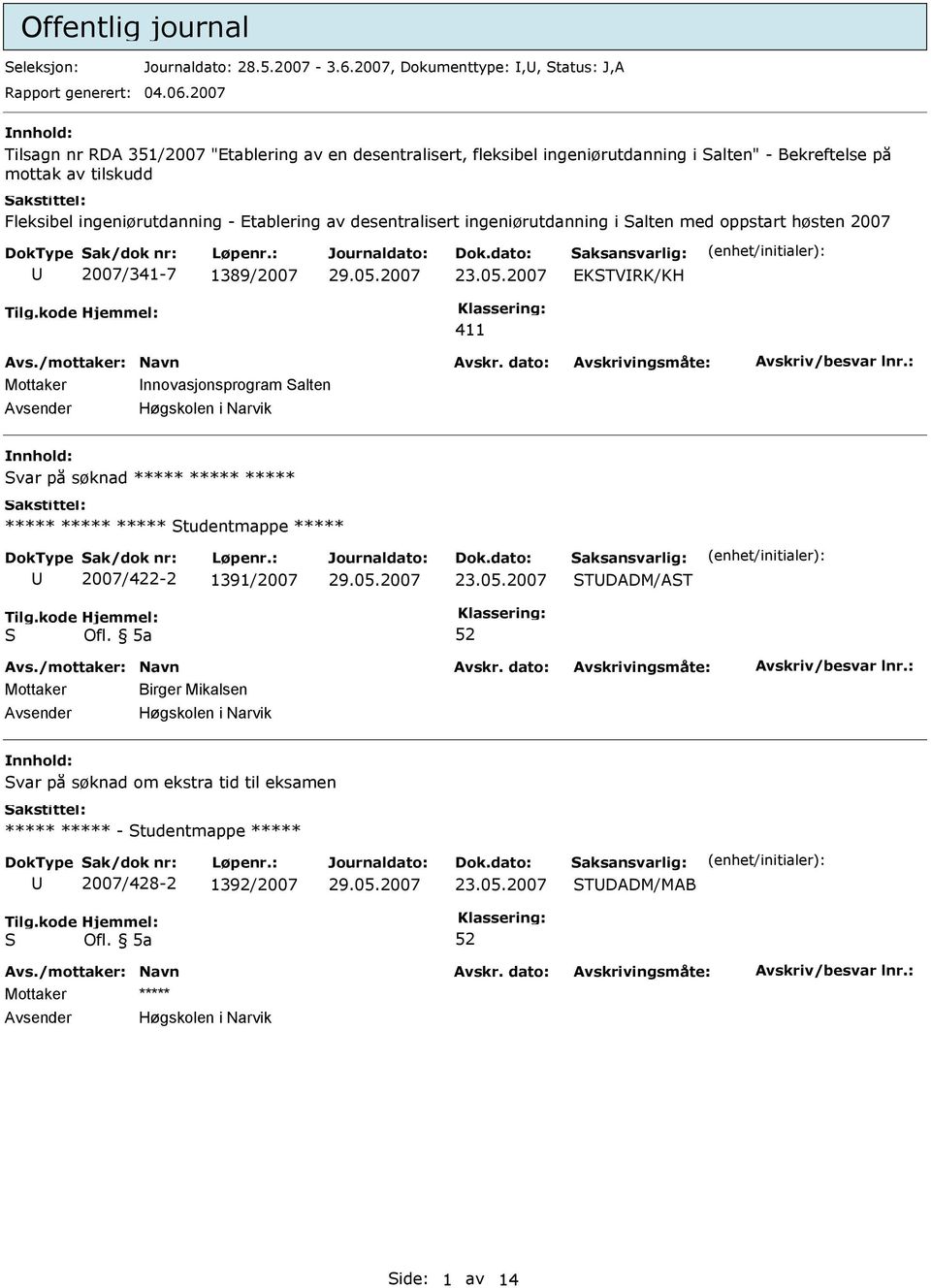 Etablering av desentralisert ingeniørutdanning i alten med oppstart høsten 2007 2007/341-7 1389/2007 23.05.