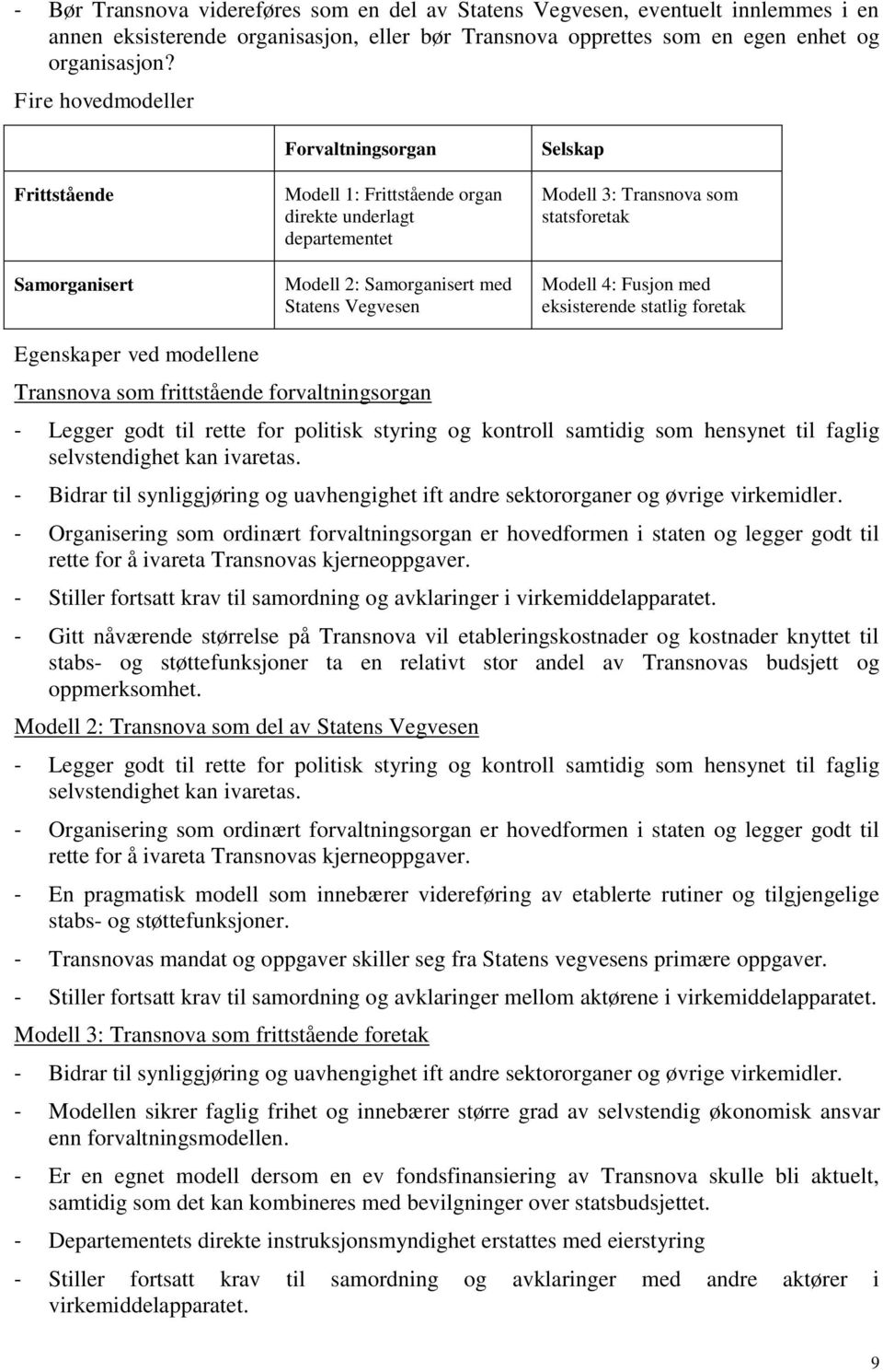 som statsforetak Modell 4: Fusjon med eksisterende statlig foretak Egenskaper ved modellene Transnova som frittstående forvaltningsorgan - Legger godt til rette for politisk styring og kontroll