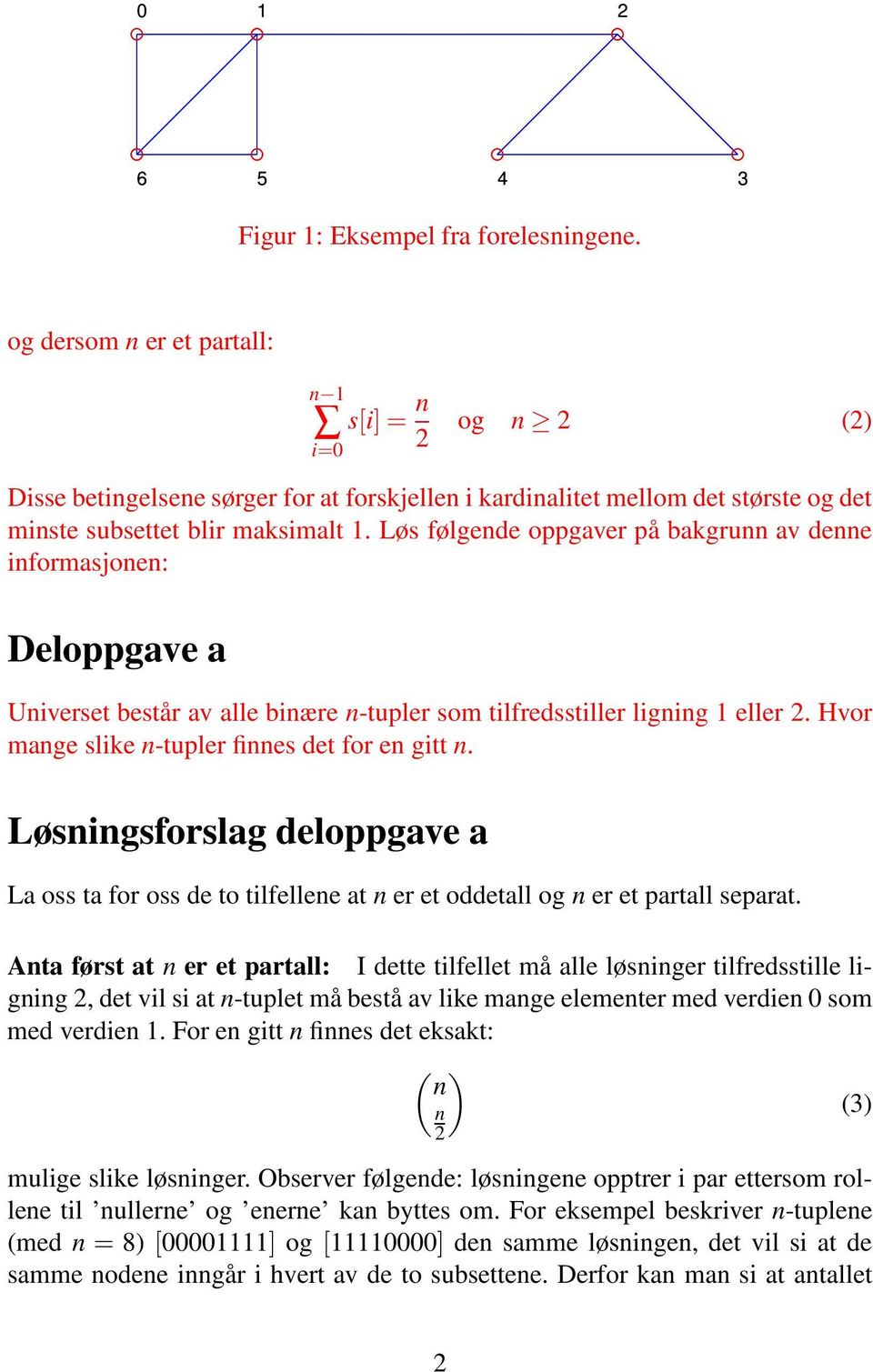 Løs følgende oppgaver på bakgrunn av denne informasjonen: Deloppgave a Universet består av alle binære n-tupler som tilfredsstiller ligning 1 eller. Hvor mange slike n-tupler finnes det for en gitt n.