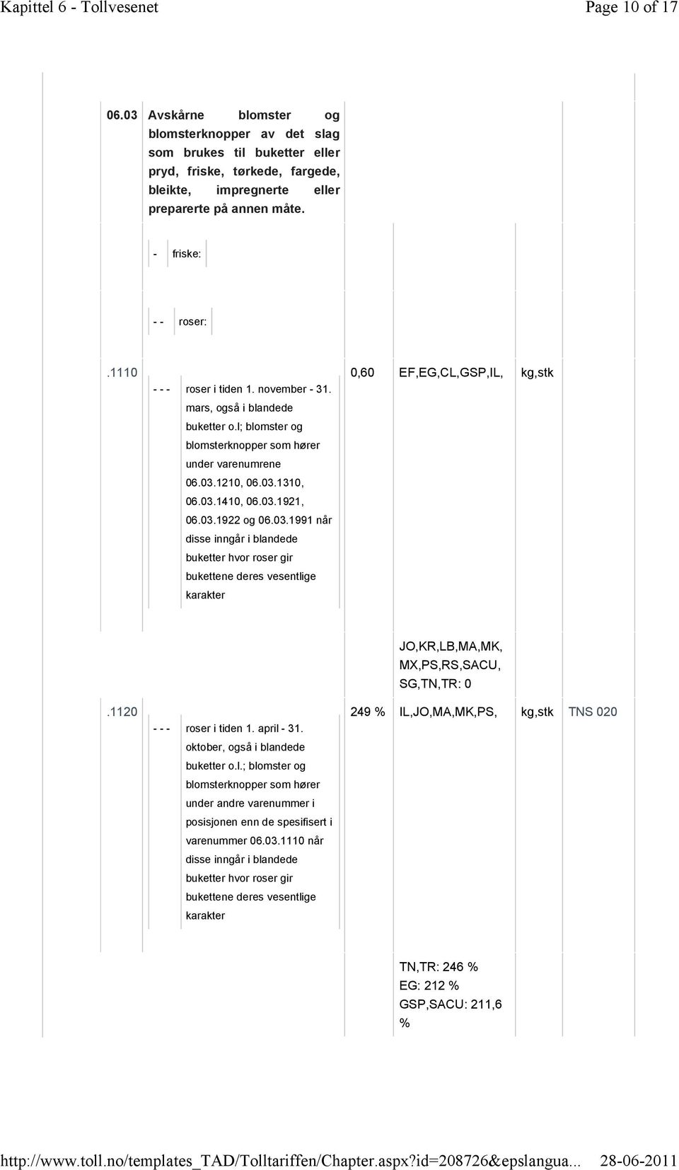 03.1922 og 06.03.1991 når disse inngår i blandede buketter hvor roser gir bukettene deres vesentlige karakter 0,60 EF,EG,CL,GSP,IL, kg,stk.1120 - - - roser i tiden 1. april - 31.