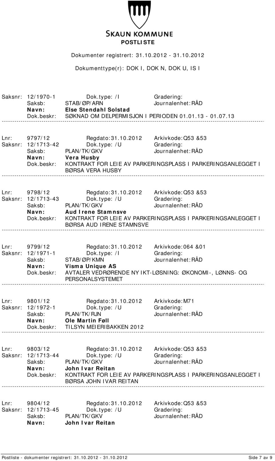 type: /U Gradering: Aud Irene Stamnsve BØRSA AUD IRENE STAMNSVE Lnr: 9799/12 Regdato:31.10.2012 Arkivkode:064 &01 Saksnr: 12/1971-1 Dok.