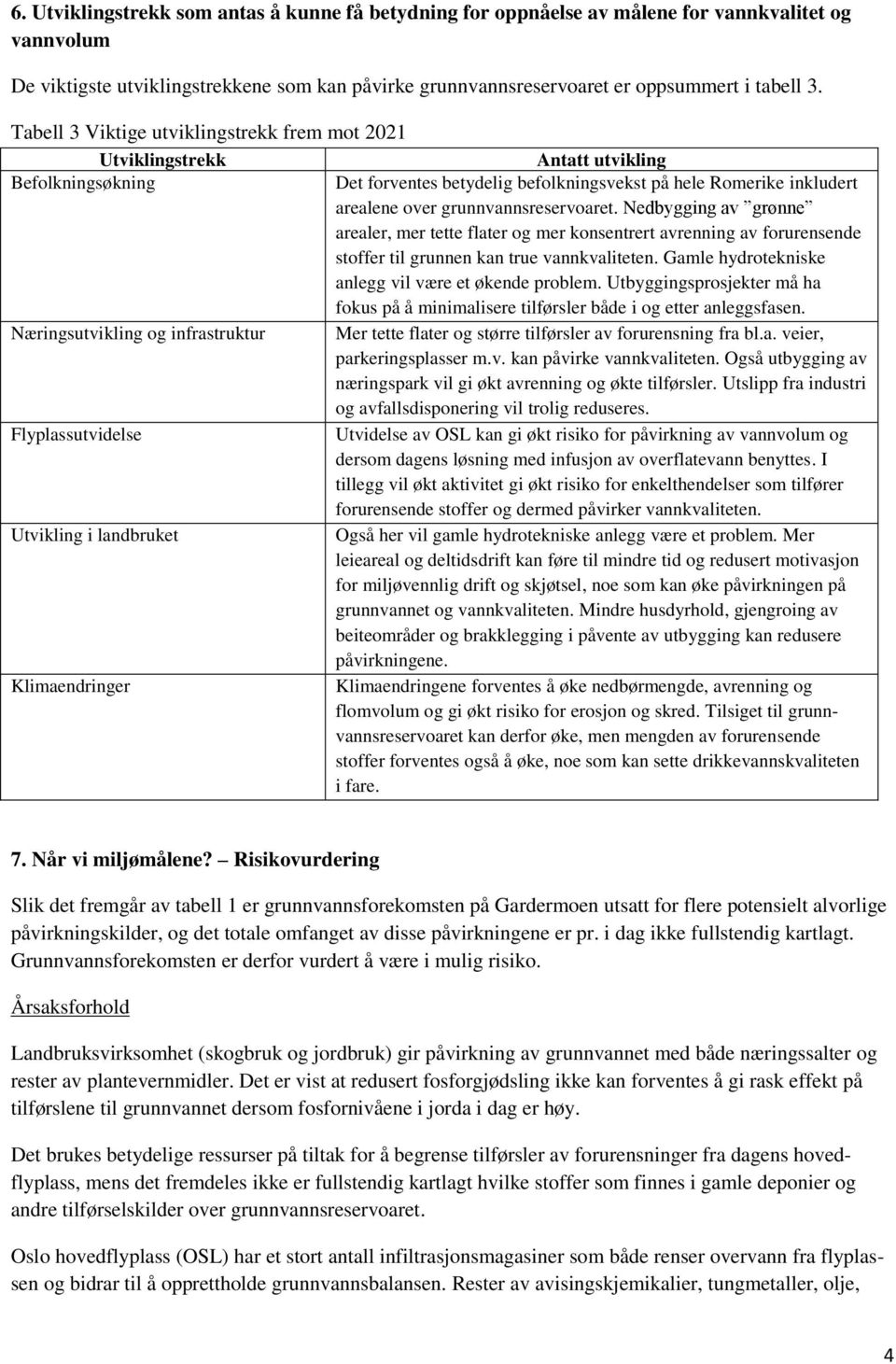 grunnvannsreservoaret. Nedbygging av grønne arealer, mer tette flater og mer konsentrert avrenning av forurensende stoffer til grunnen kan true vannkvaliteten.