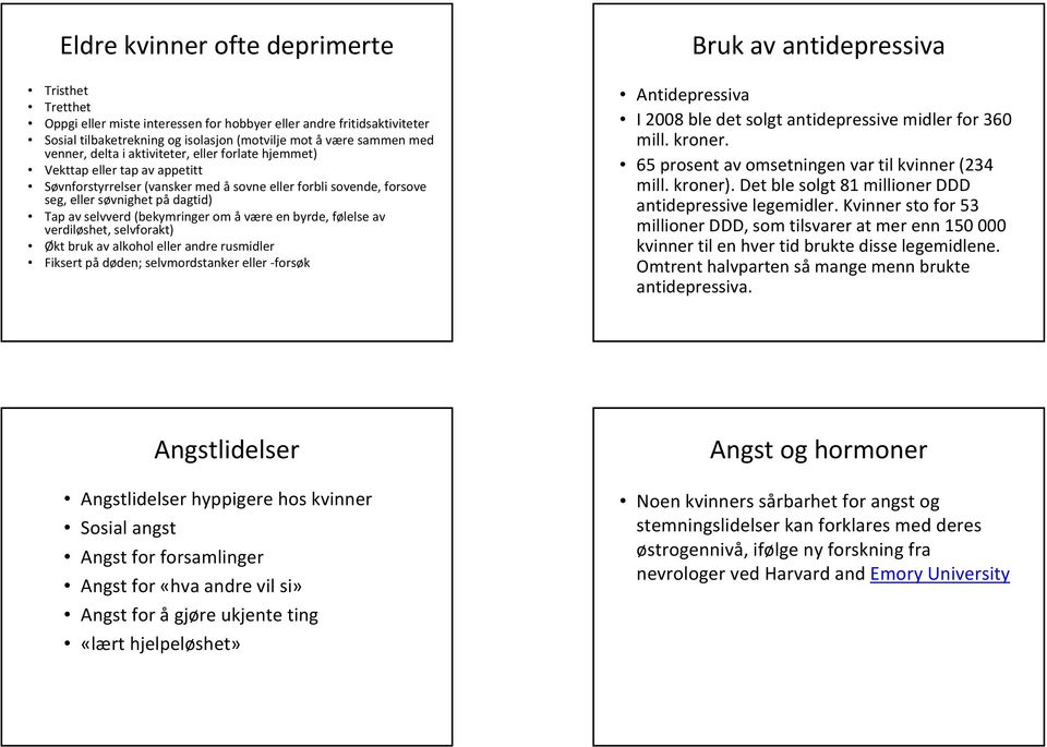 (bekymringer om åvære en byrde, følelse av verdiløshet, selvforakt) Økt bruk av alkohol eller andre rusmidler Fiksert på døden; selvmordstanker eller forsøk Bruk av antidepressiva Antidepressiva I