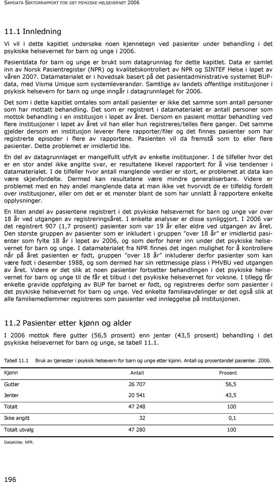 Pasientdata for barn og unge er brukt som datagrunnlag for dette kapitlet. Data er samlet inn av Norsk Pasientregister (NPR) og kvalitetskontrollert av NPR og SINTEF Helse i løpet av våren 2007.