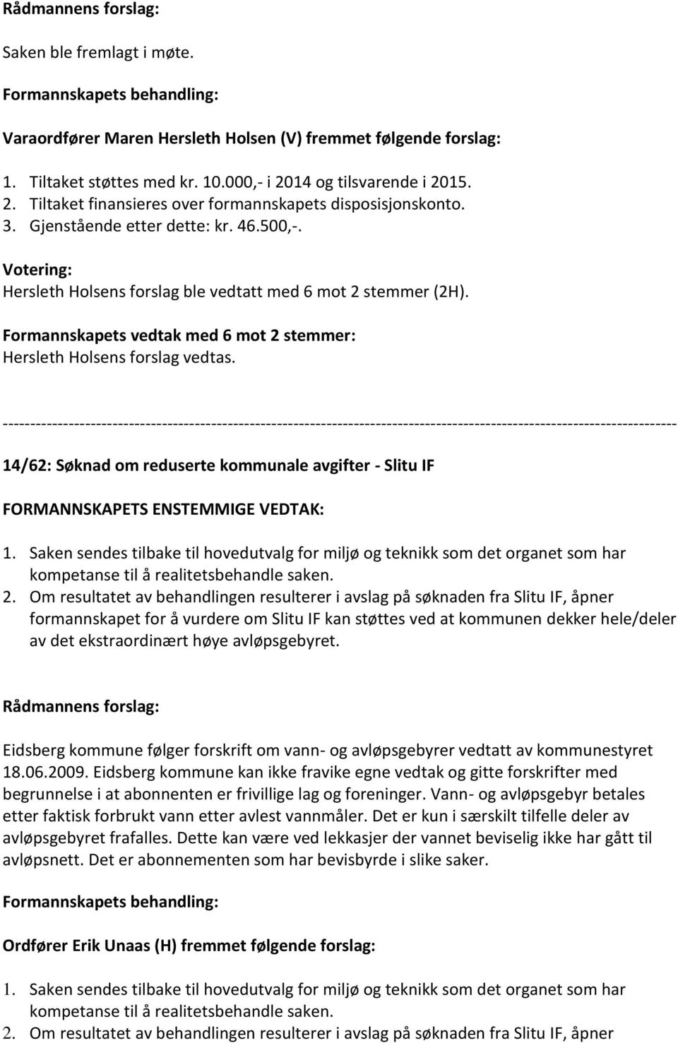 14/62: Søknad om reduserte kommunale avgifter - Slitu IF FORMANNSKAPETS ENSTEMMIGE VEDTAK: 1.