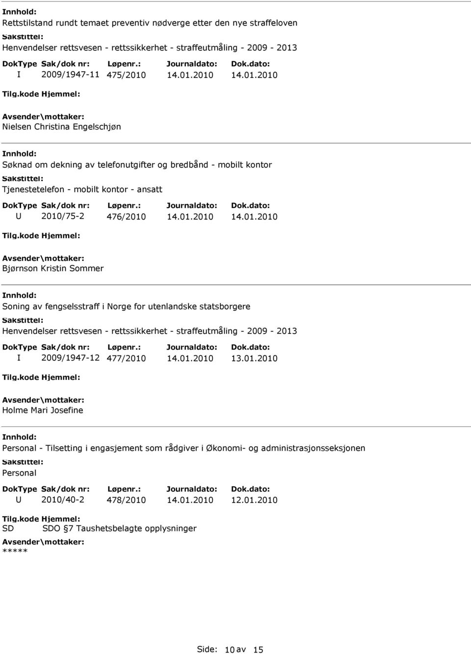 fengselsstraff i Norge for utenlandske statsborgere Henvendelser rettsvesen - rettssikkerhet - straffeutmåling - 2009-2013 2009/1947-12 477/2010 Holme Mari Josefine Personal -
