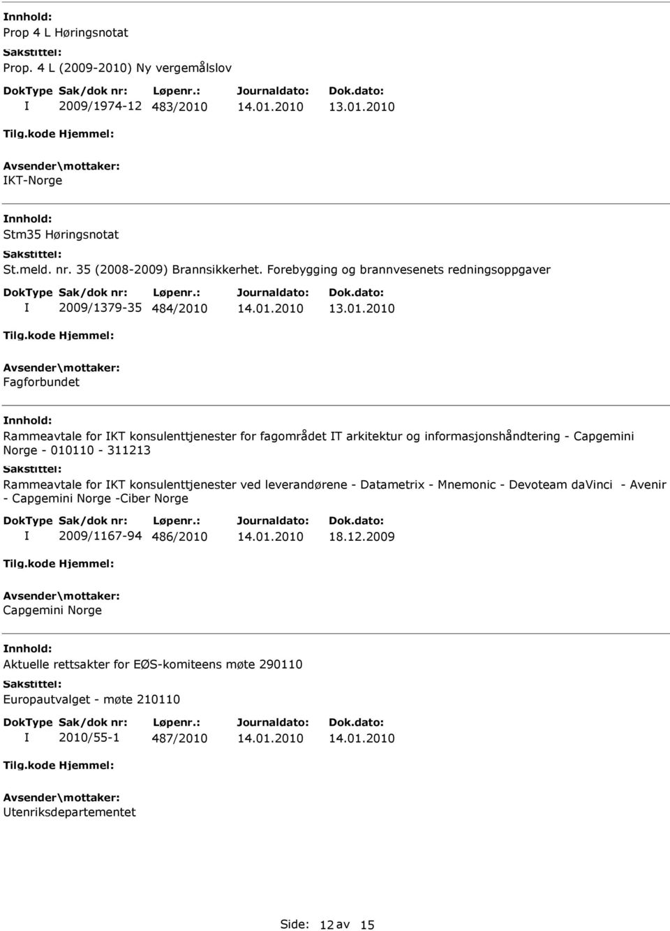 informasjonshåndtering - Capgemini Norge - 010110-311213 Rammeavtale for KT konsulenttjenester ved leverandørene - Datametrix - Mnemonic - Devoteam davinci - Avenir -