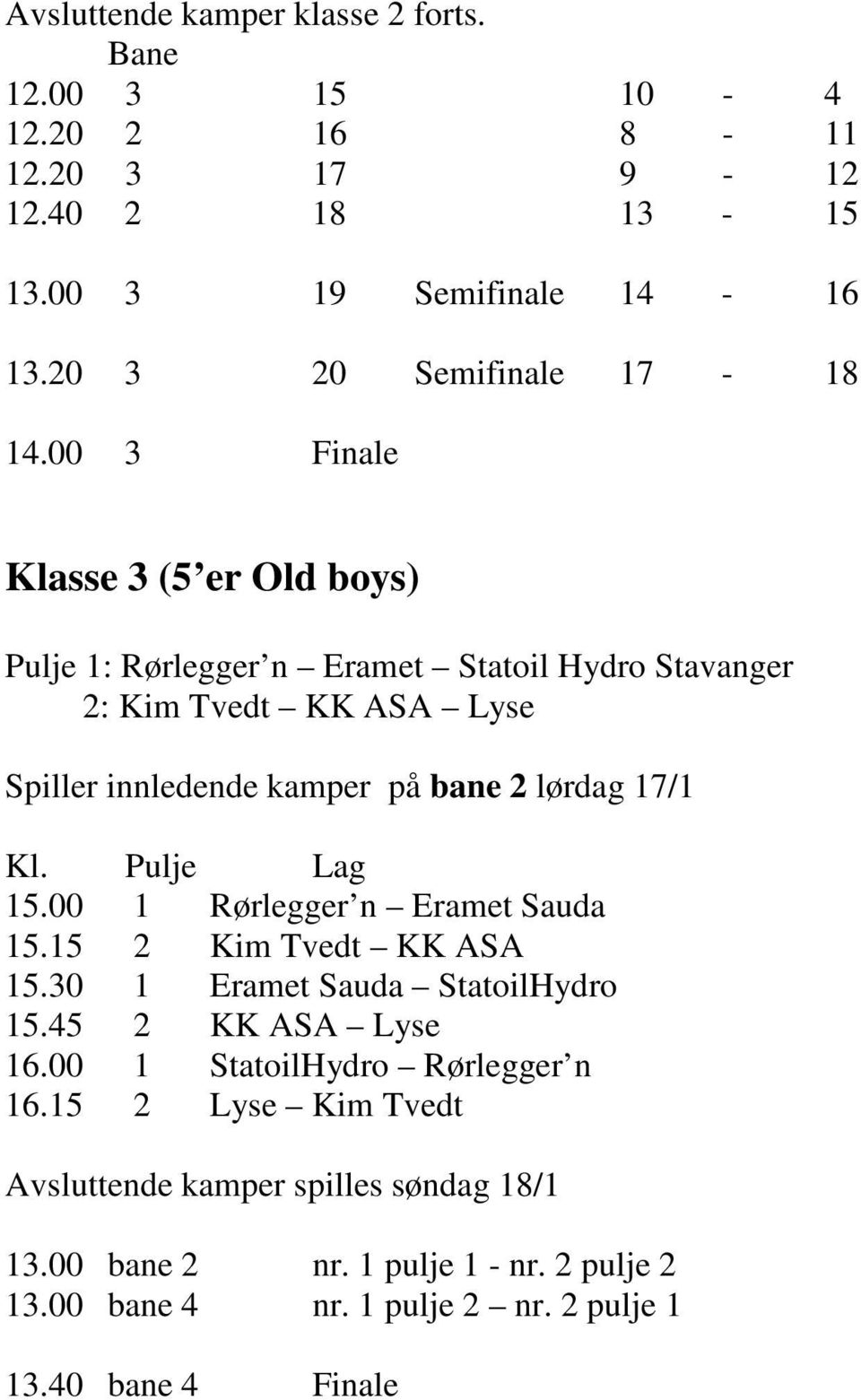 00 3 Finale Klasse 3 (5 er Old boys) Pulje 1: Rørlegger n Eramet Statoil Hydro Stavanger 2: Kim Tvedt KK ASA Lyse Spiller innledende kamper på bane 2 lørdag 17/1